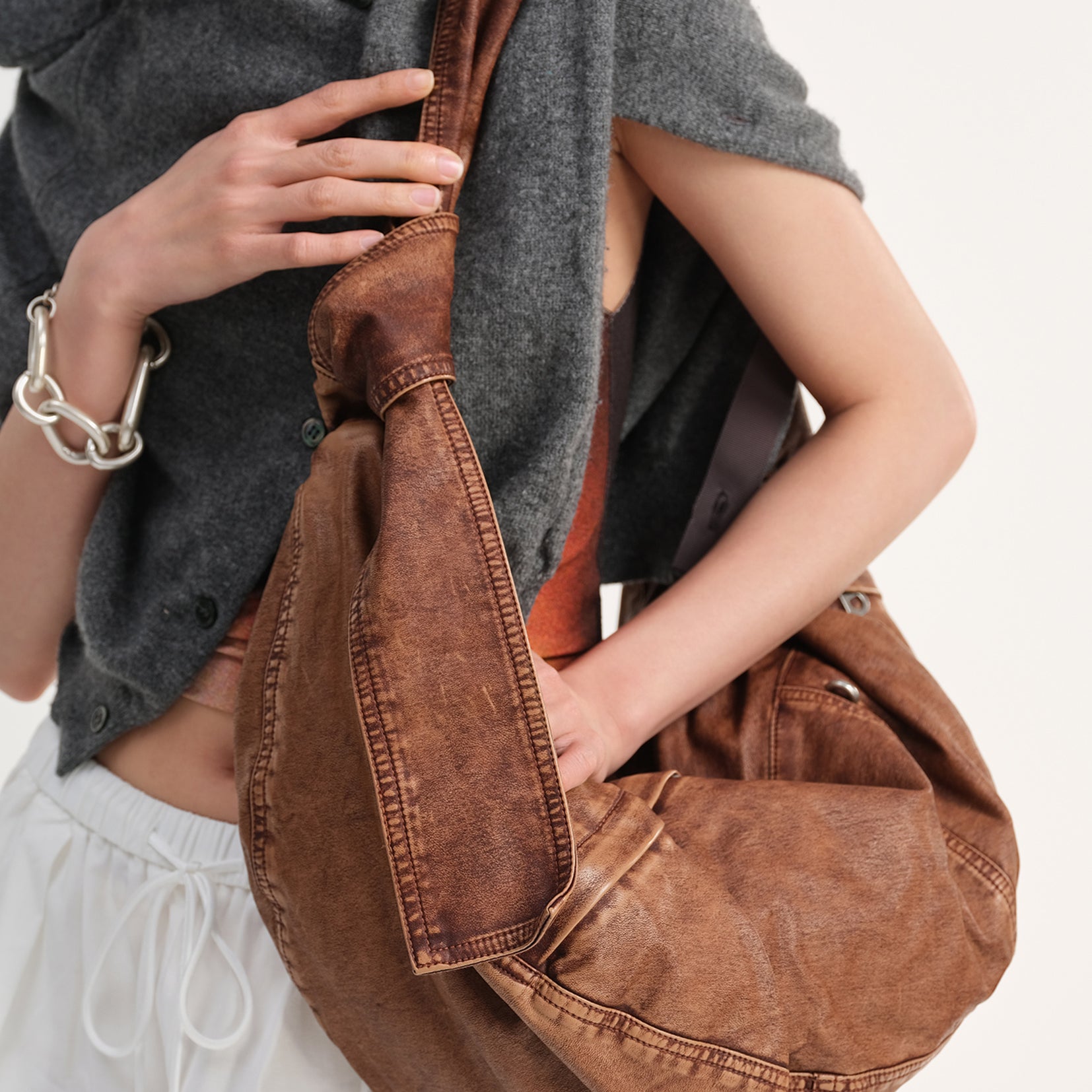 Vegan leather large dumpling bag - distressed rusty red