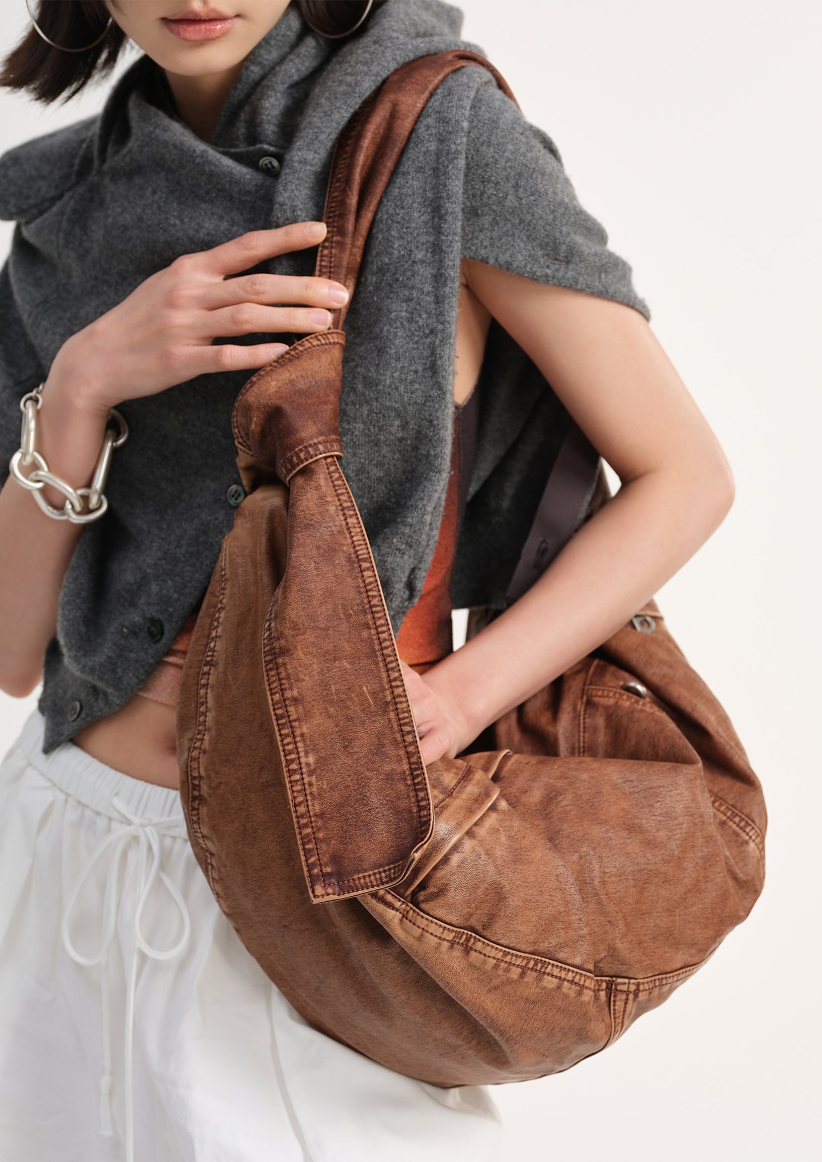 Vegan leather large dumpling bag - distressed rusty red