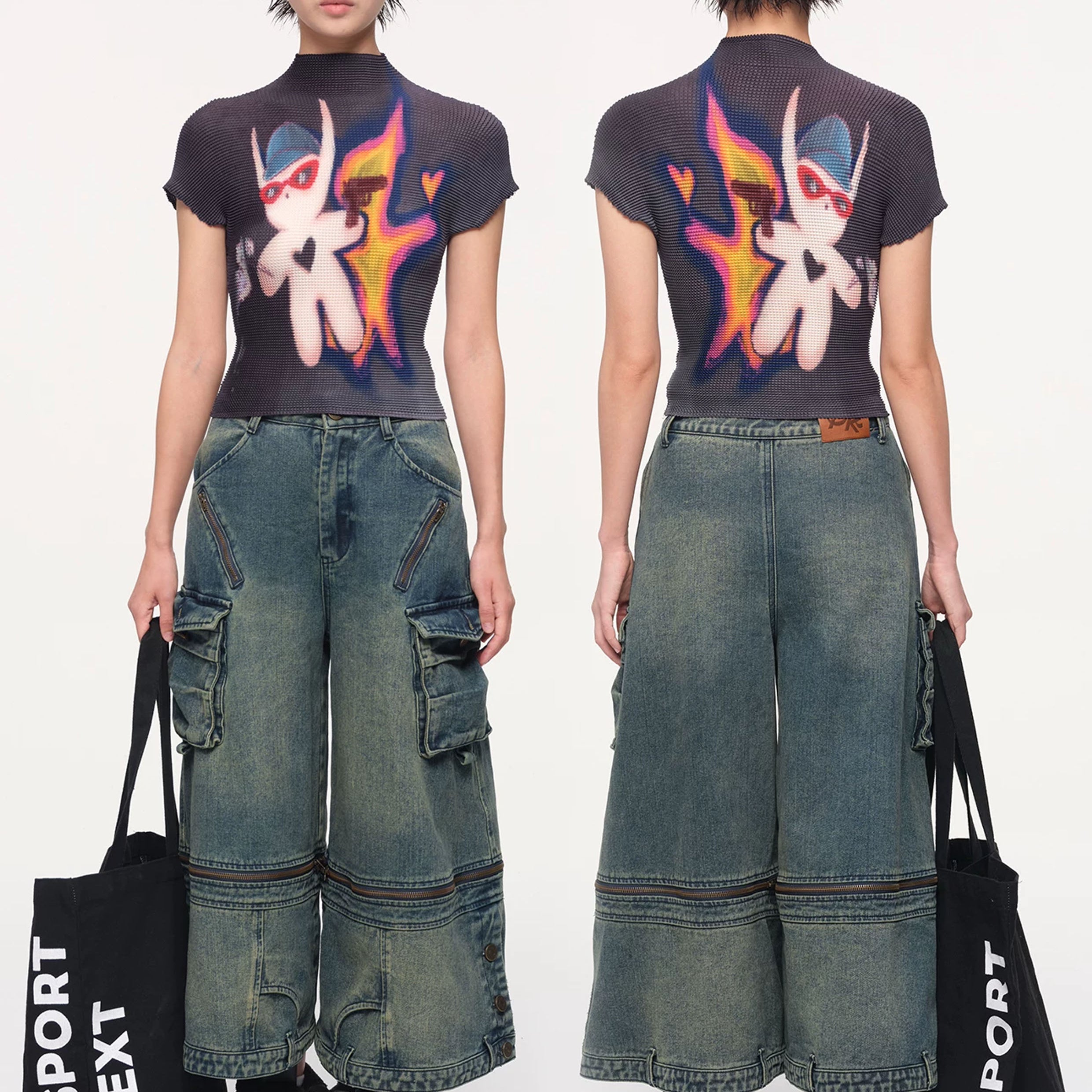 Detachable wide leg denim shorts - vintage washed blue