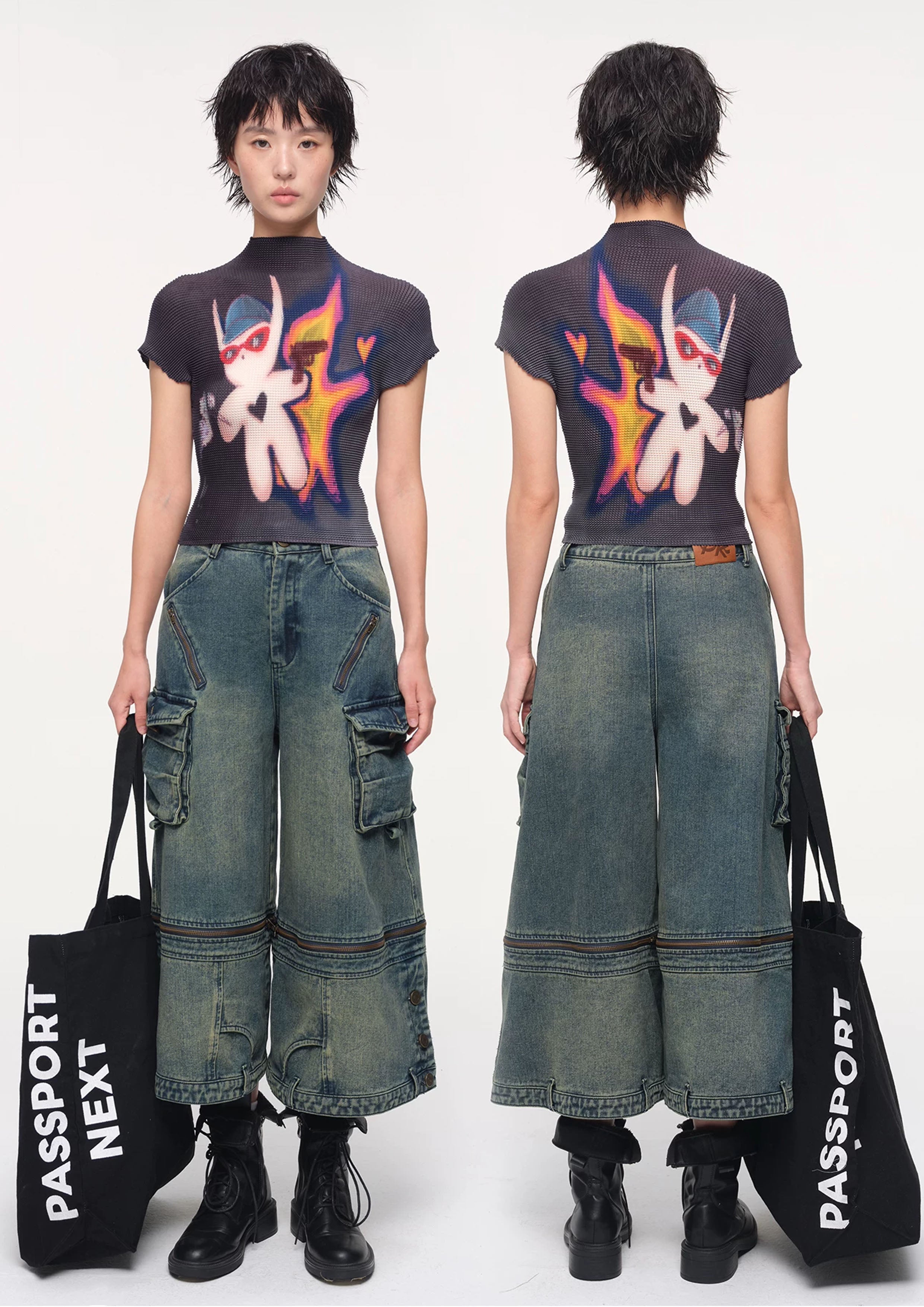 Detachable wide leg denim shorts - vintage washed blue