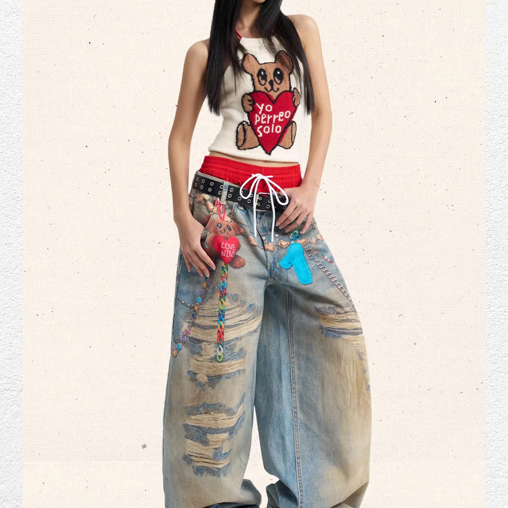 Love bear print baggy barrel jeans - dusty washed blue