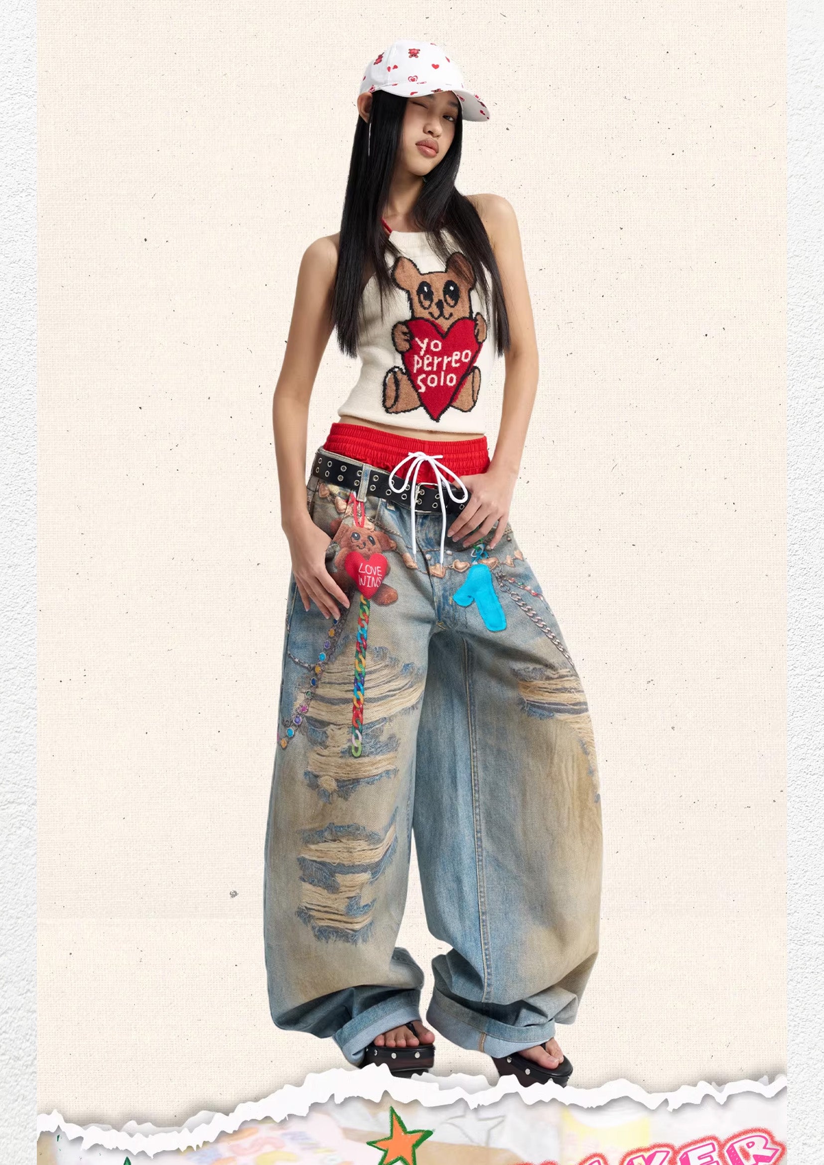 Love bear print baggy barrel jeans - dusty washed blue