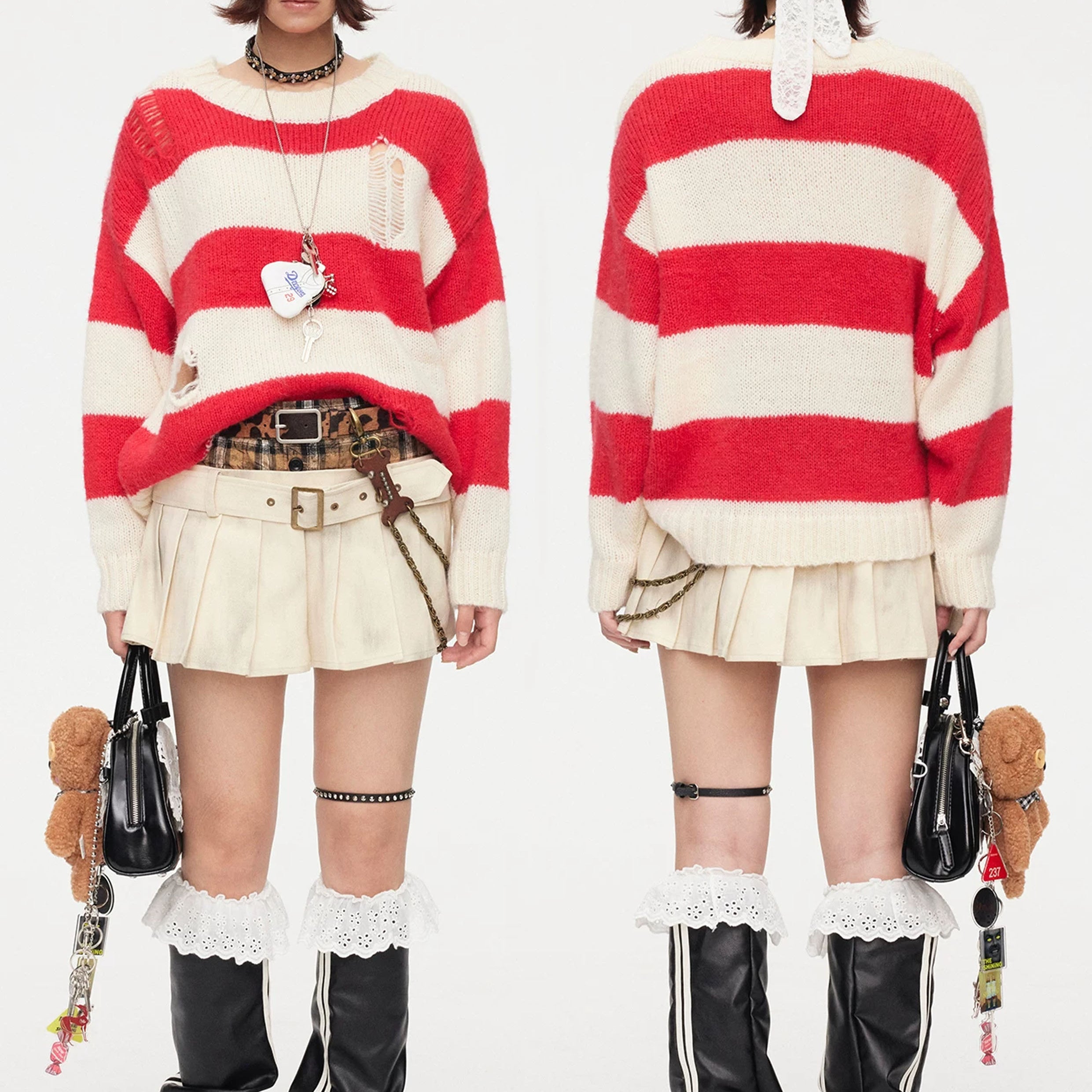 Striped distressed knit jumper - red & white
