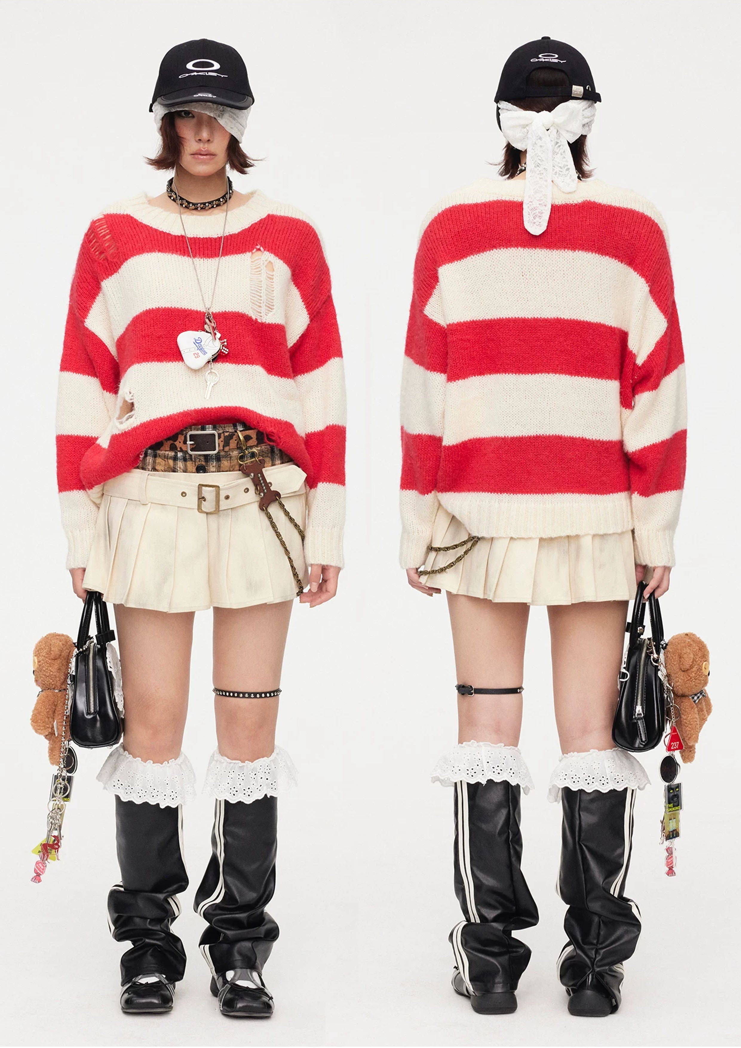 Striped distressed knit jumper - red & white