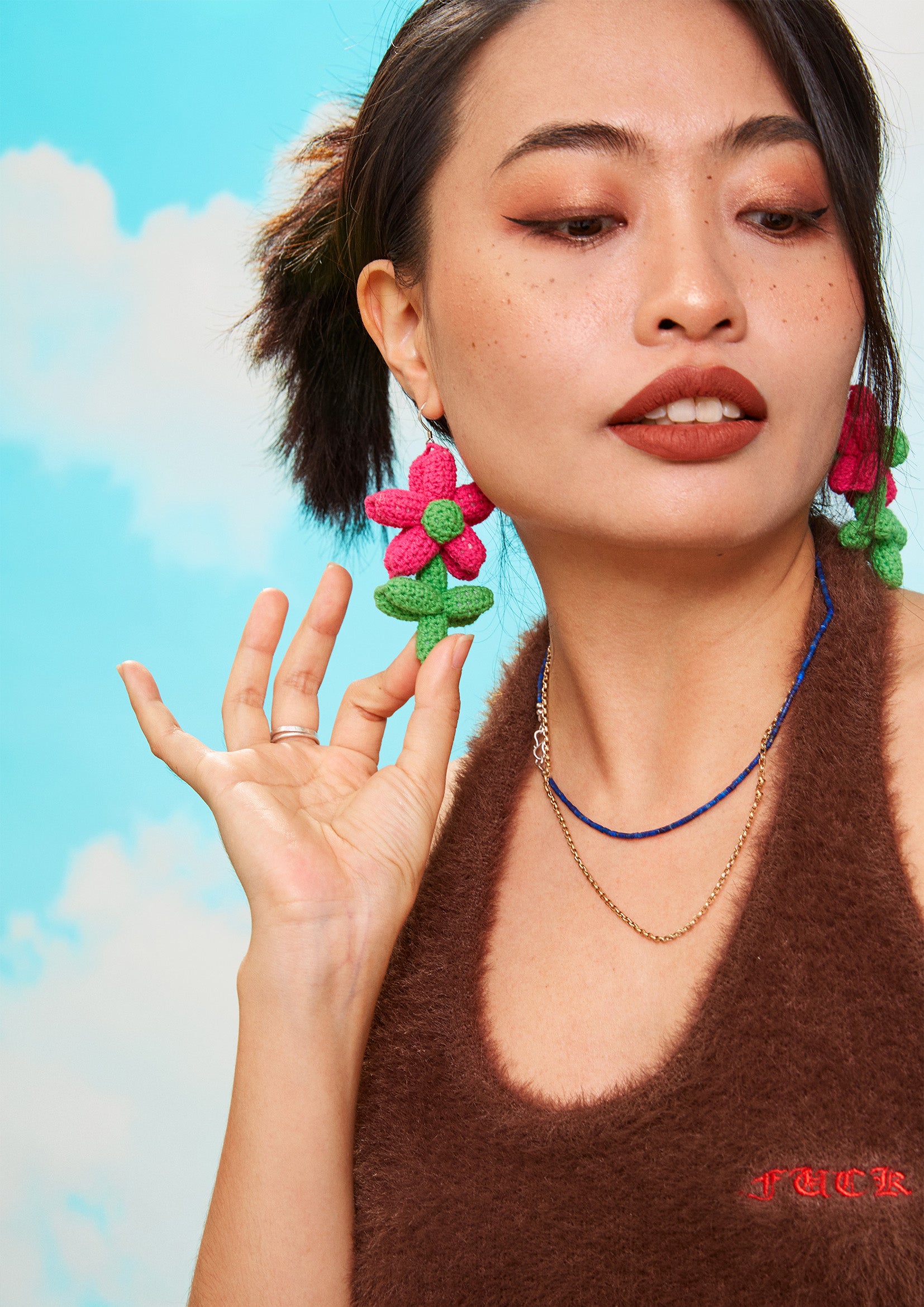 Flower balloon crochet earrings - pink & green