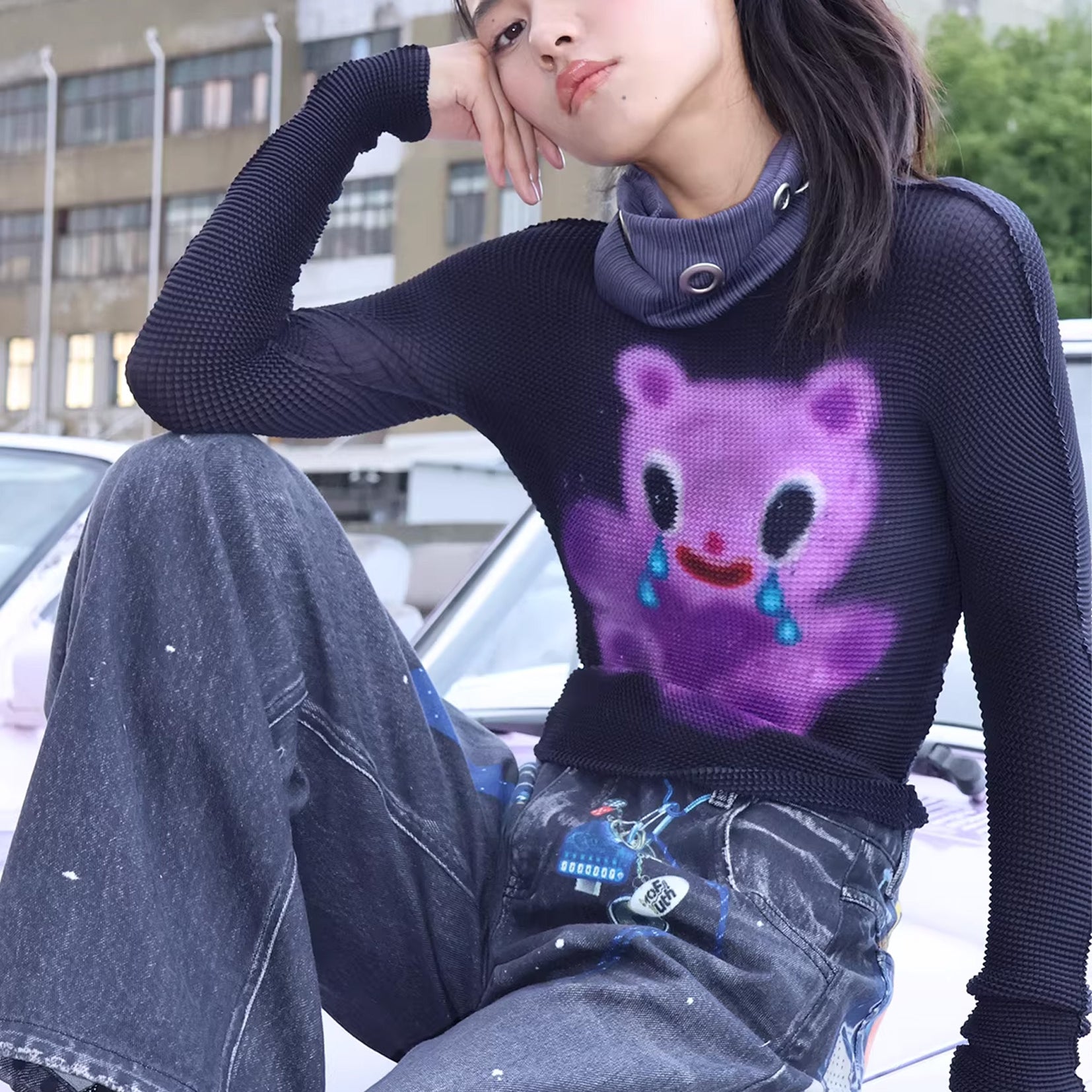 Purple bear crinkle stretch tee - black