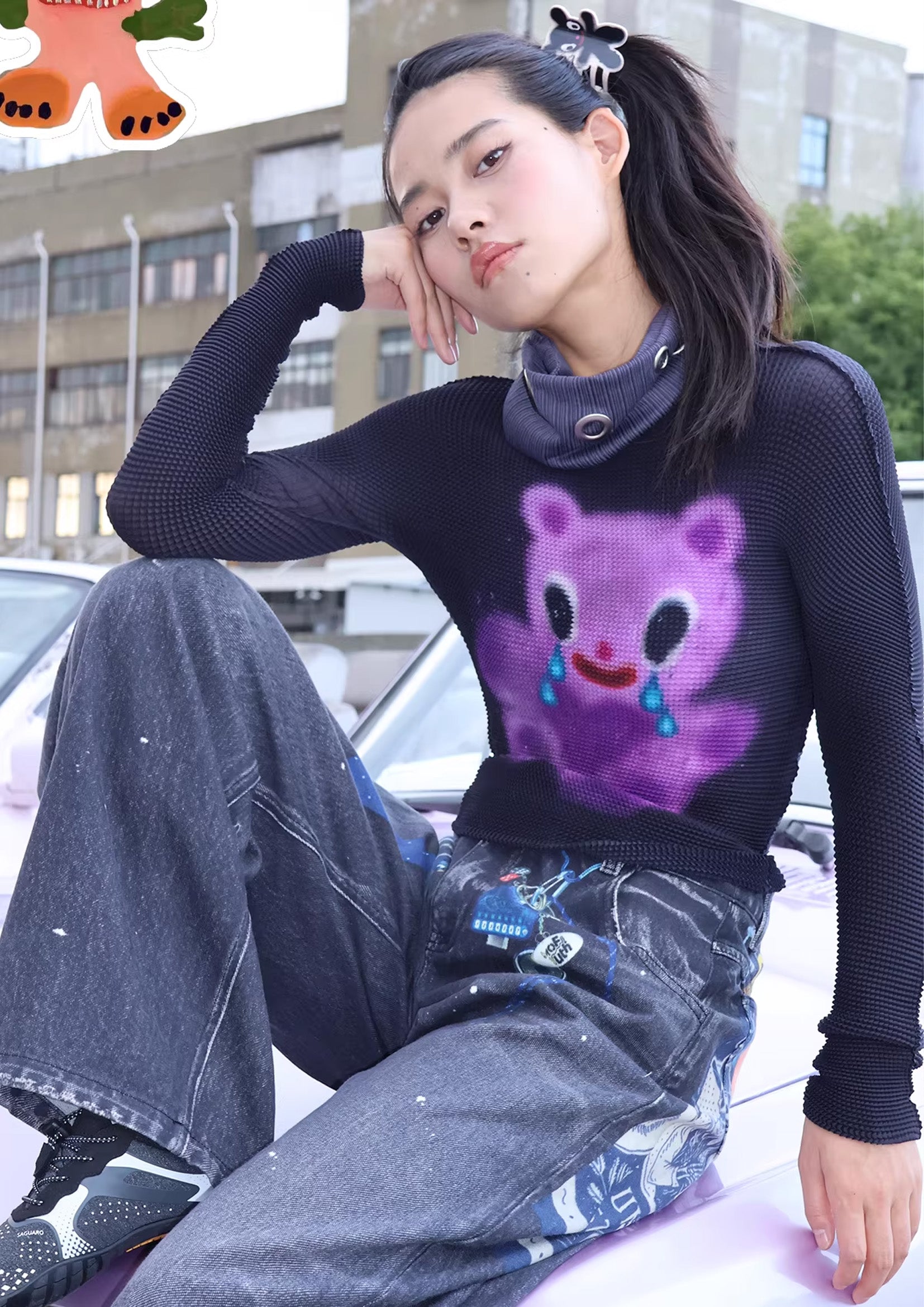 Purple bear crinkle stretch tee - black