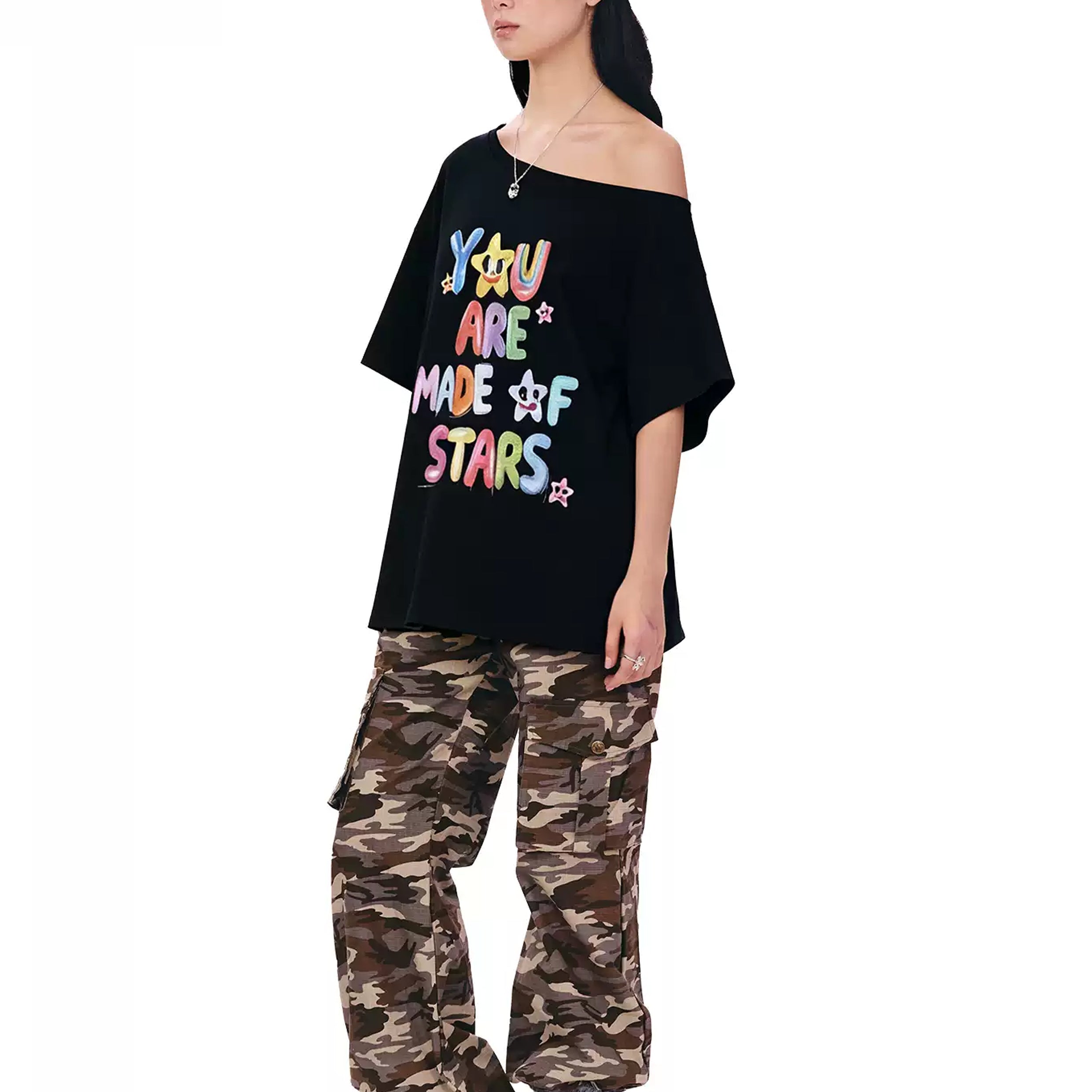 Typography one-shoulder oversized tee - black
