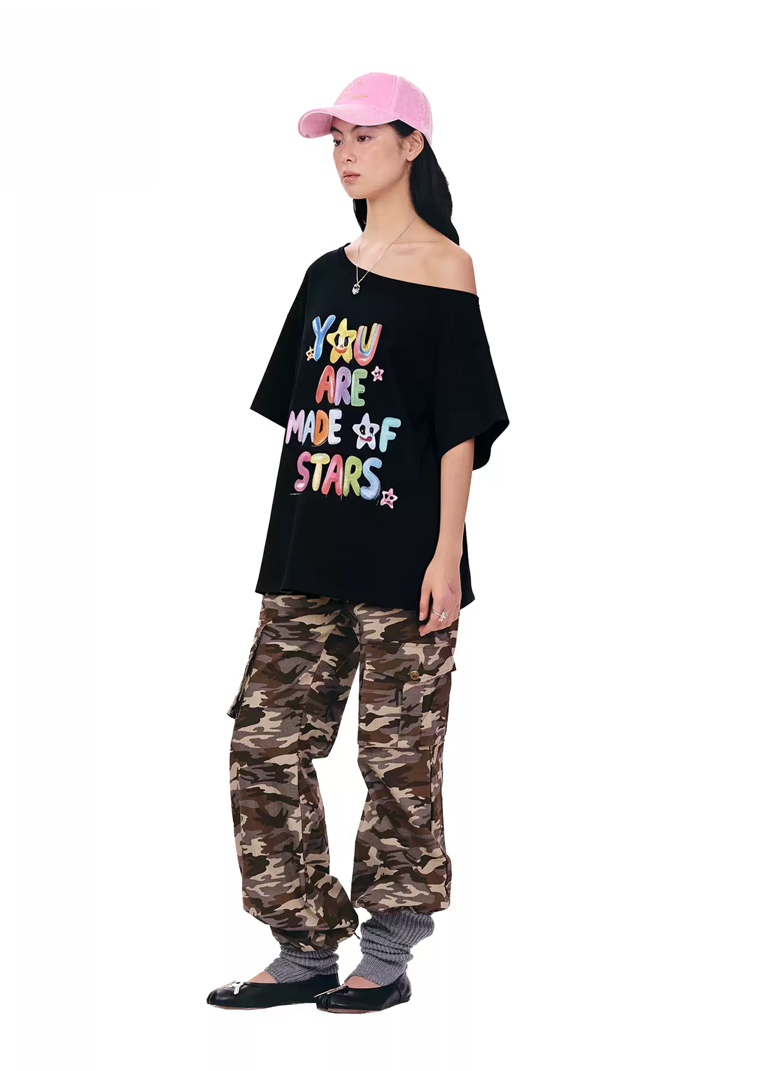 Typography one-shoulder oversized tee - black