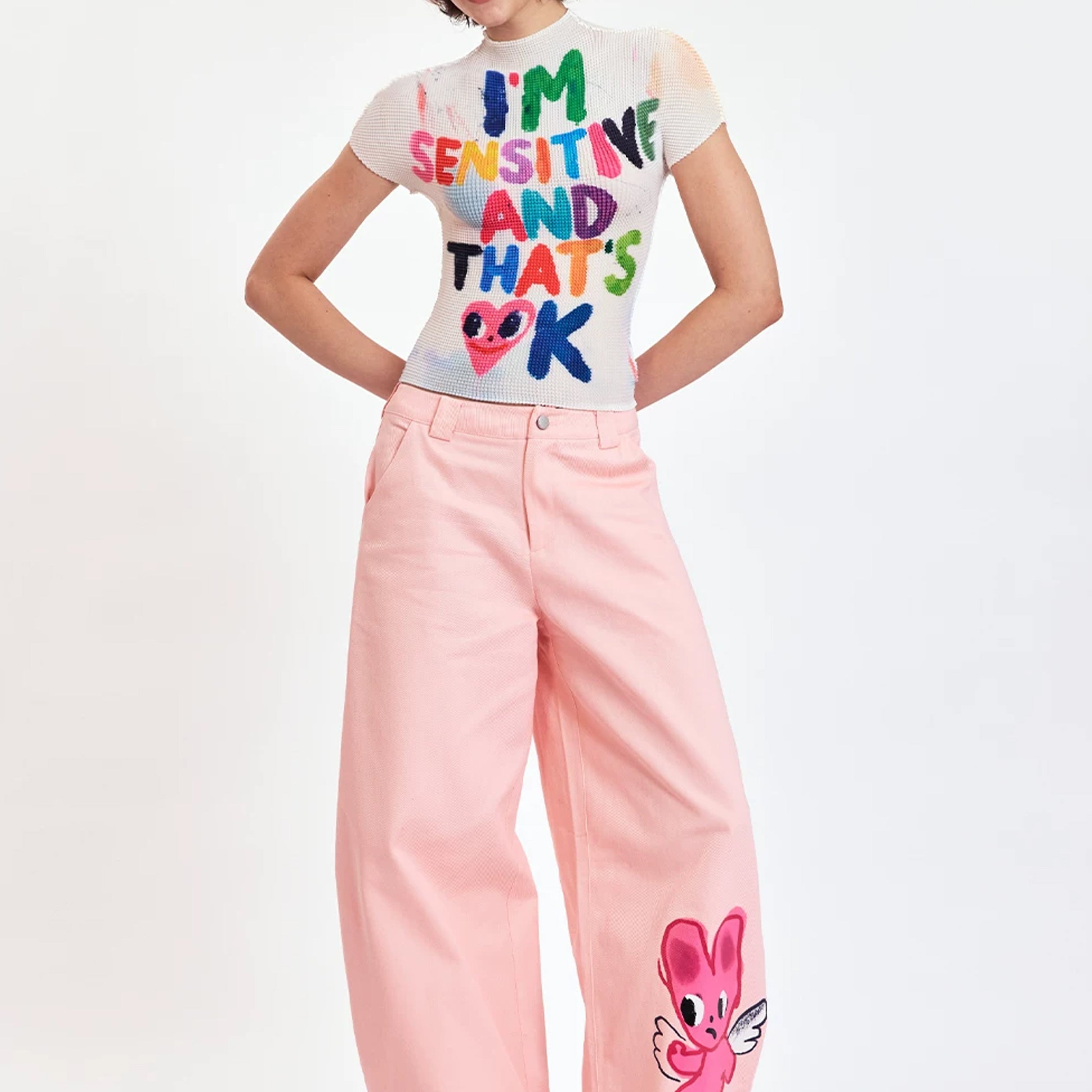 Typography crinkle stretch crop tee - white