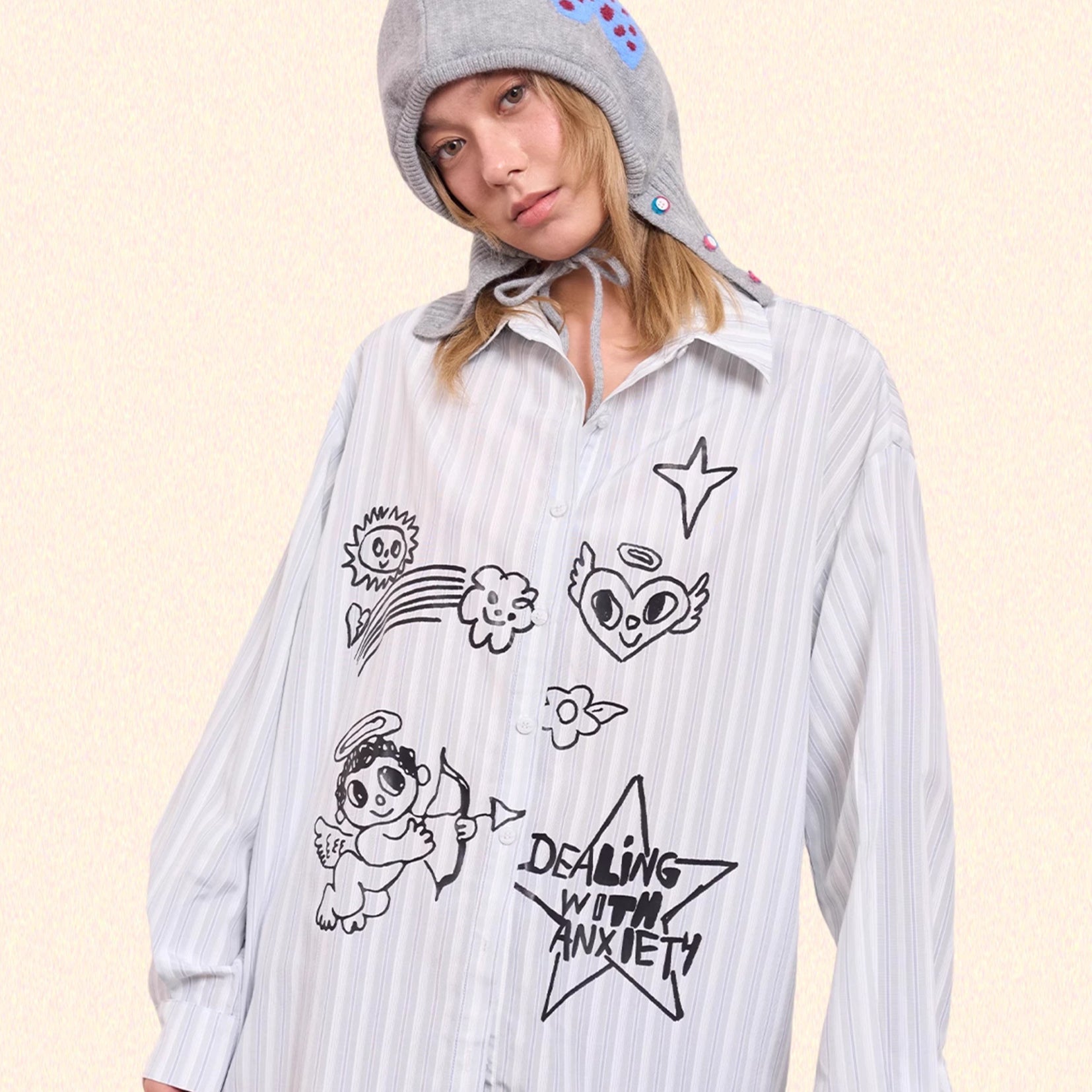 *SAMPLE* Illustration striped oversized shirt - light gray