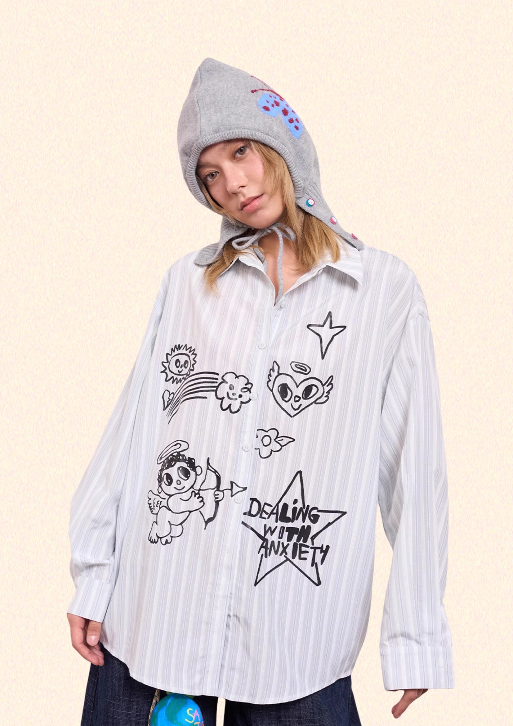 *SAMPLE* Illustration striped oversized shirt - light gray