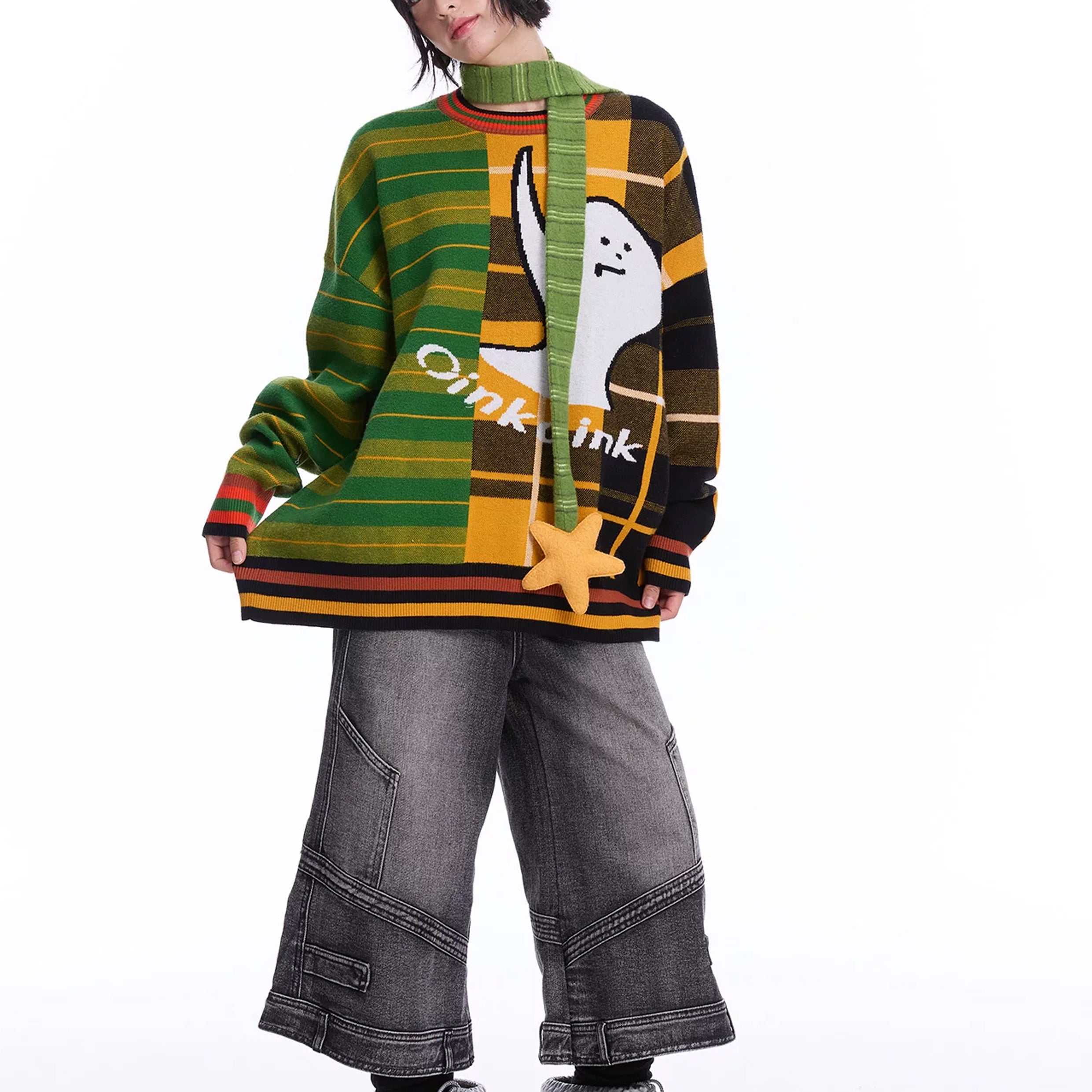 Ghost splice knit jumper - green & orange