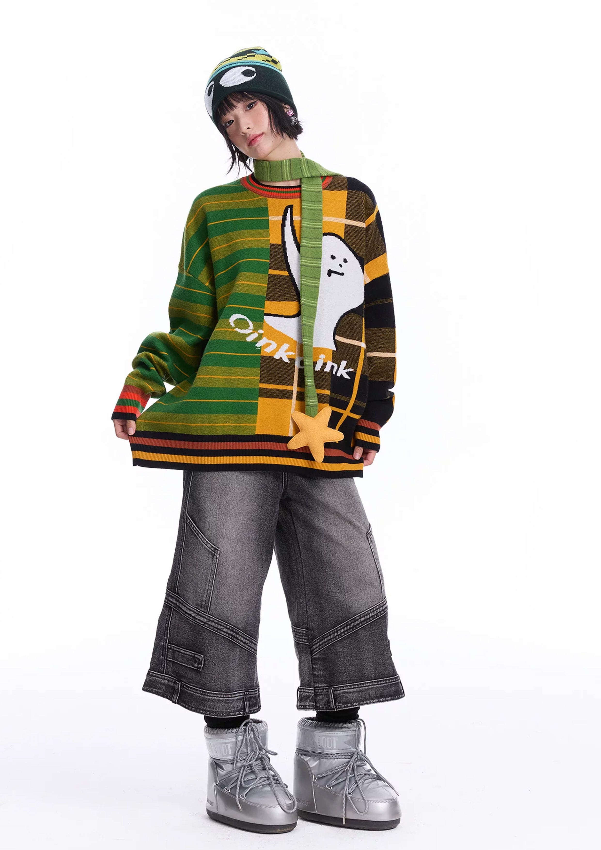 Ghost splice knit jumper - green & orange