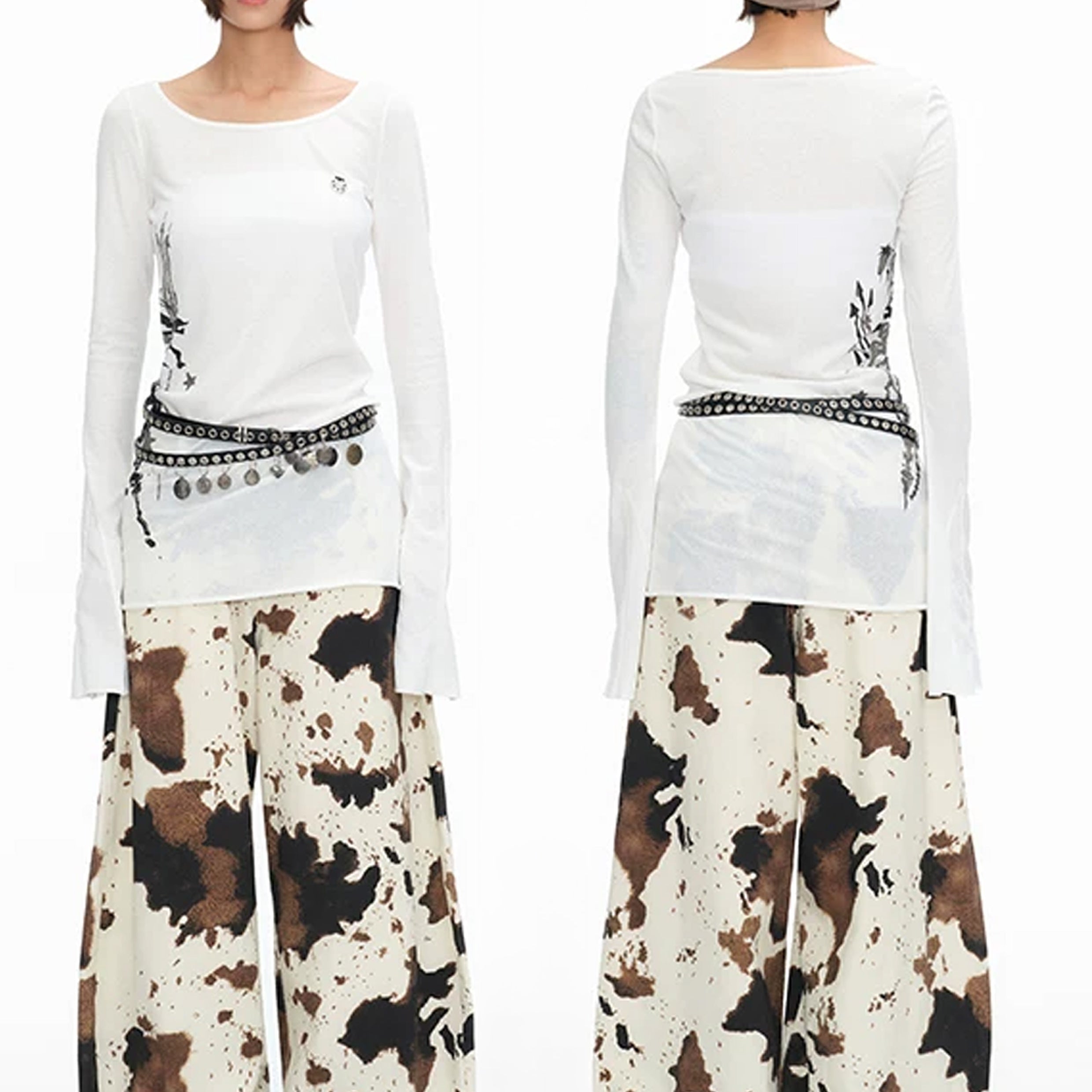 Cow print baggy barrel pants - beige