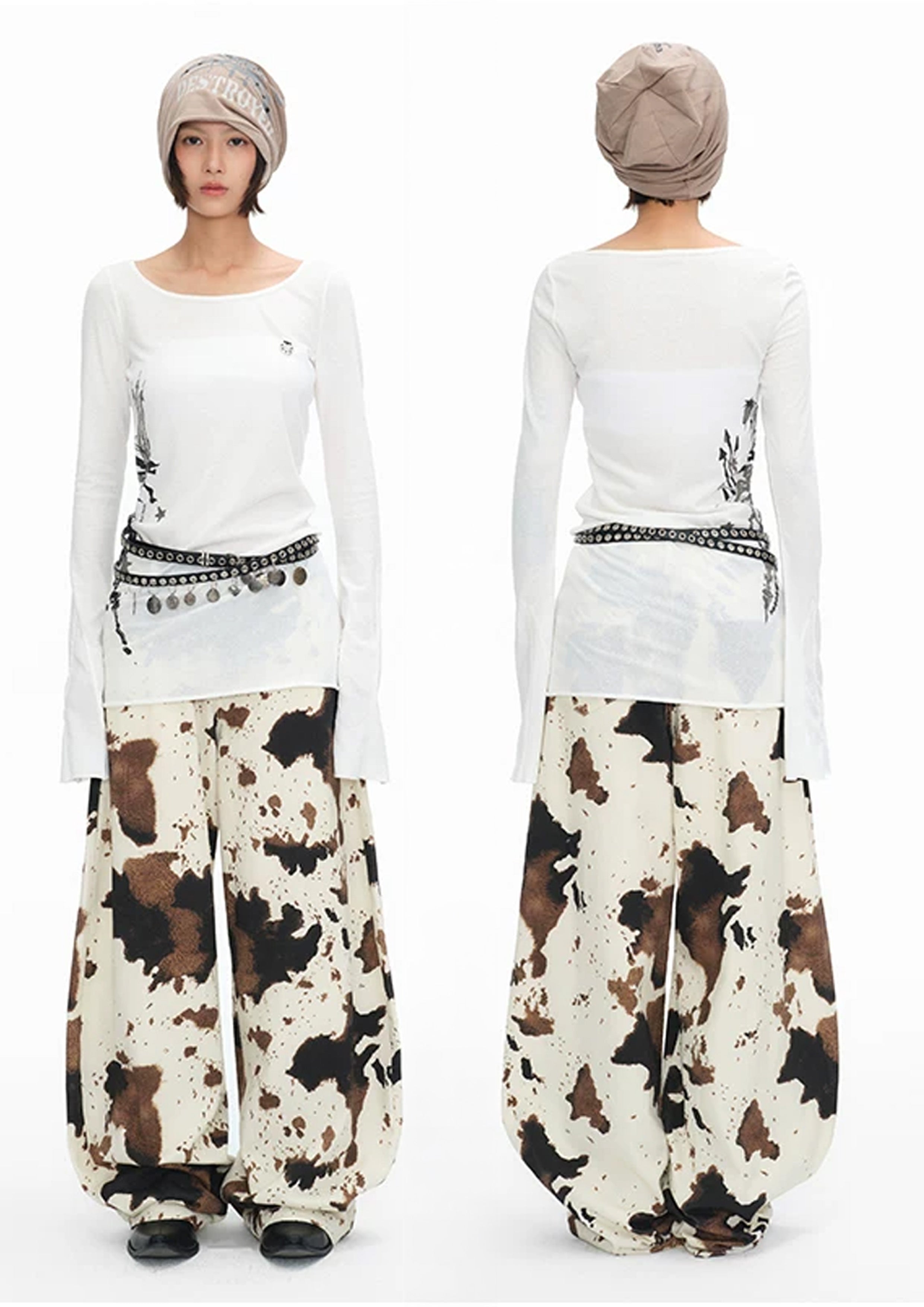 Cow print baggy barrel pants - beige
