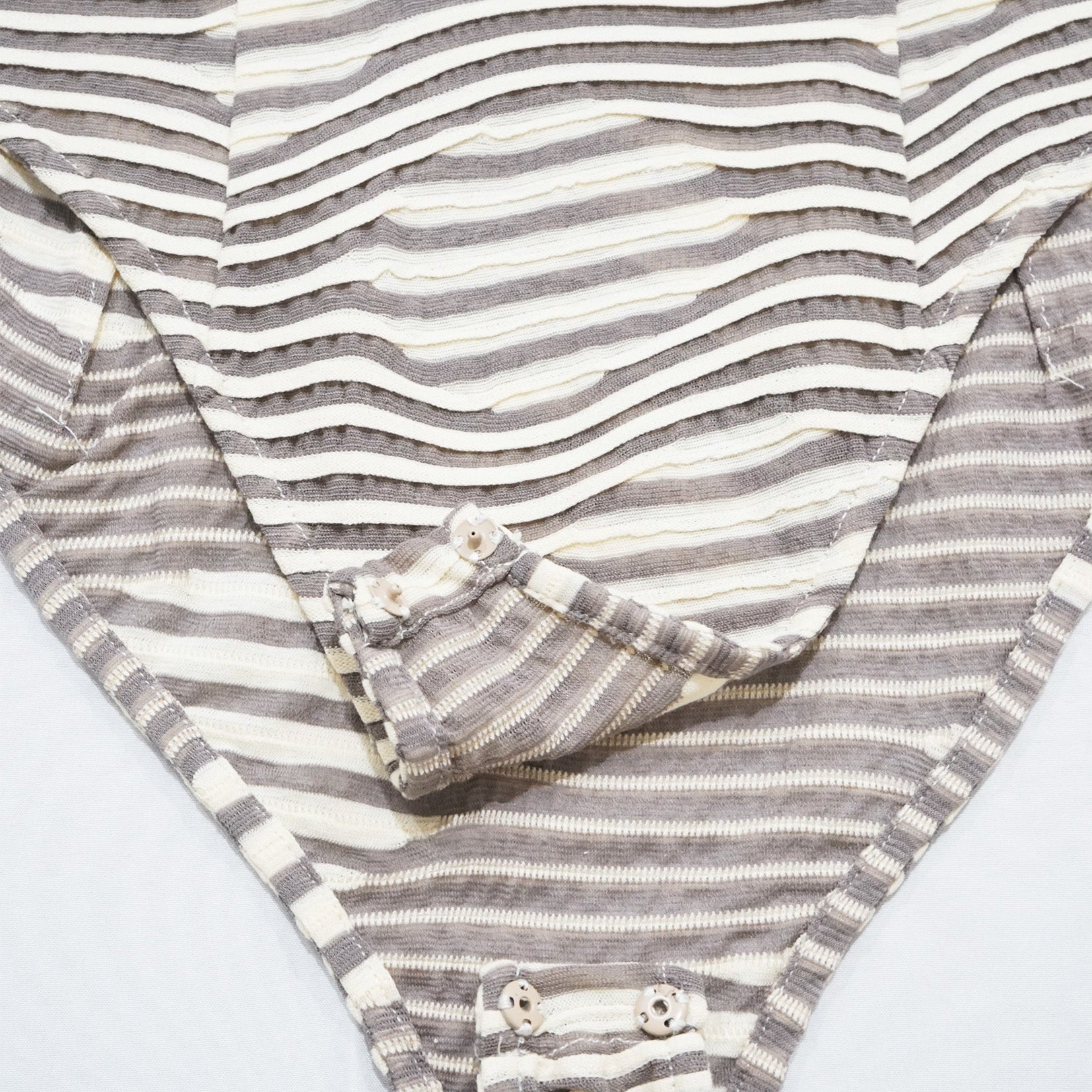 Striped low cut round neck see-through bodysuit in cream & khaki