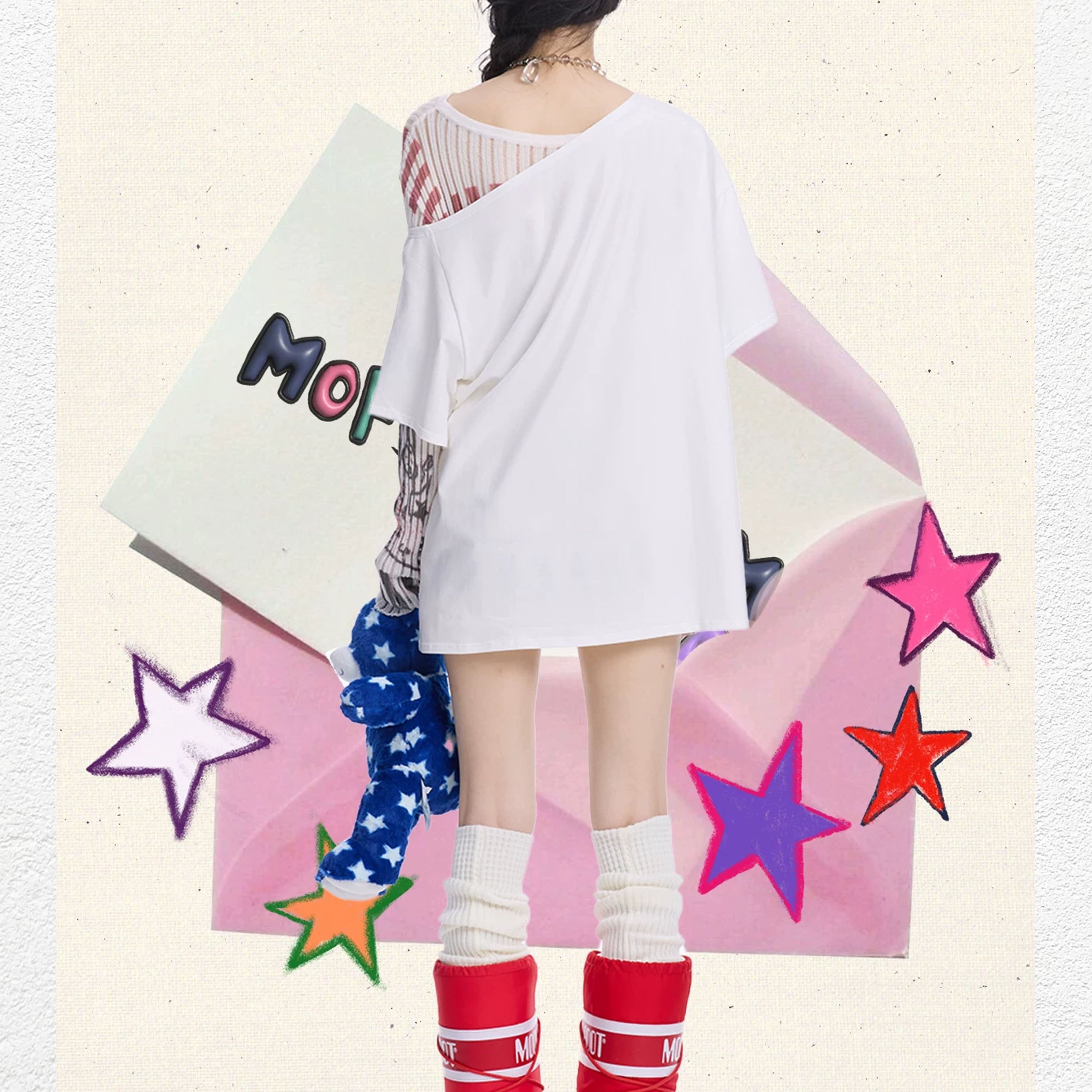 Illustration one-shoulder oversized tee - white