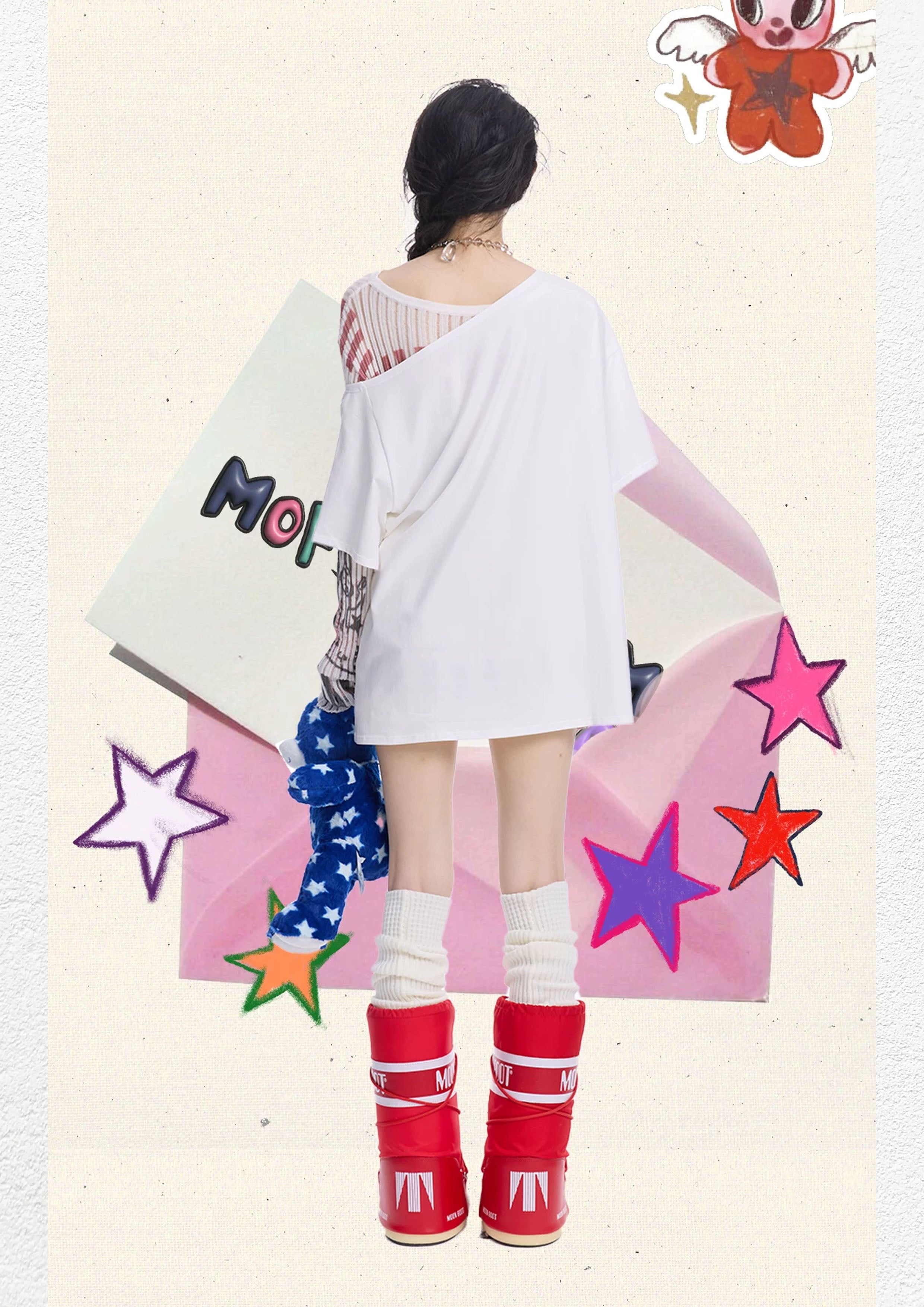Illustration one-shoulder oversized tee - white