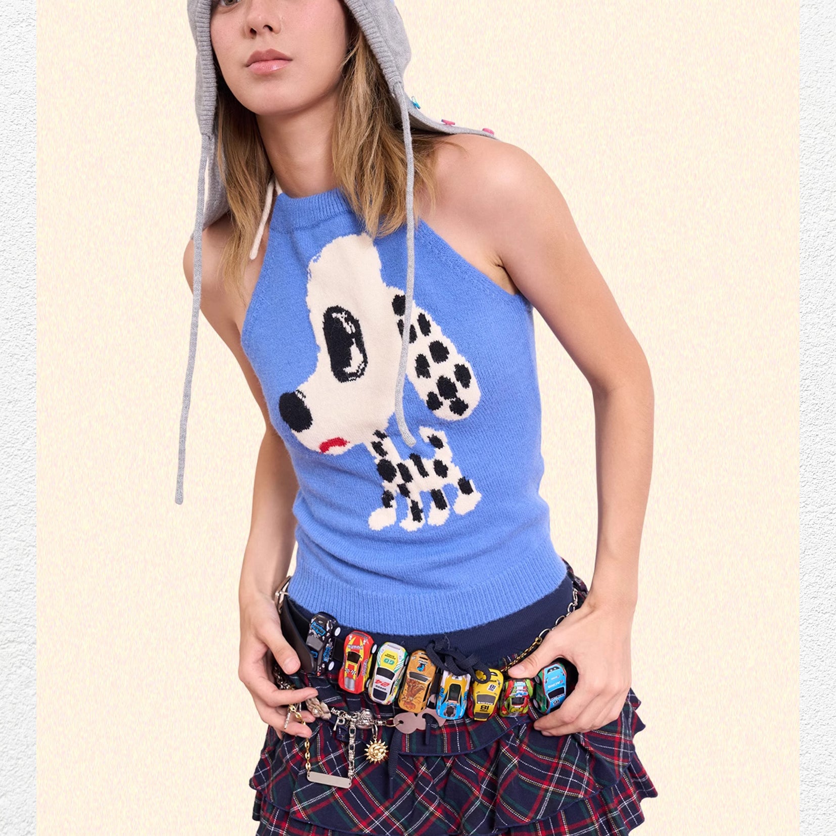 Spotted puppy knit halter top - cornflower blue