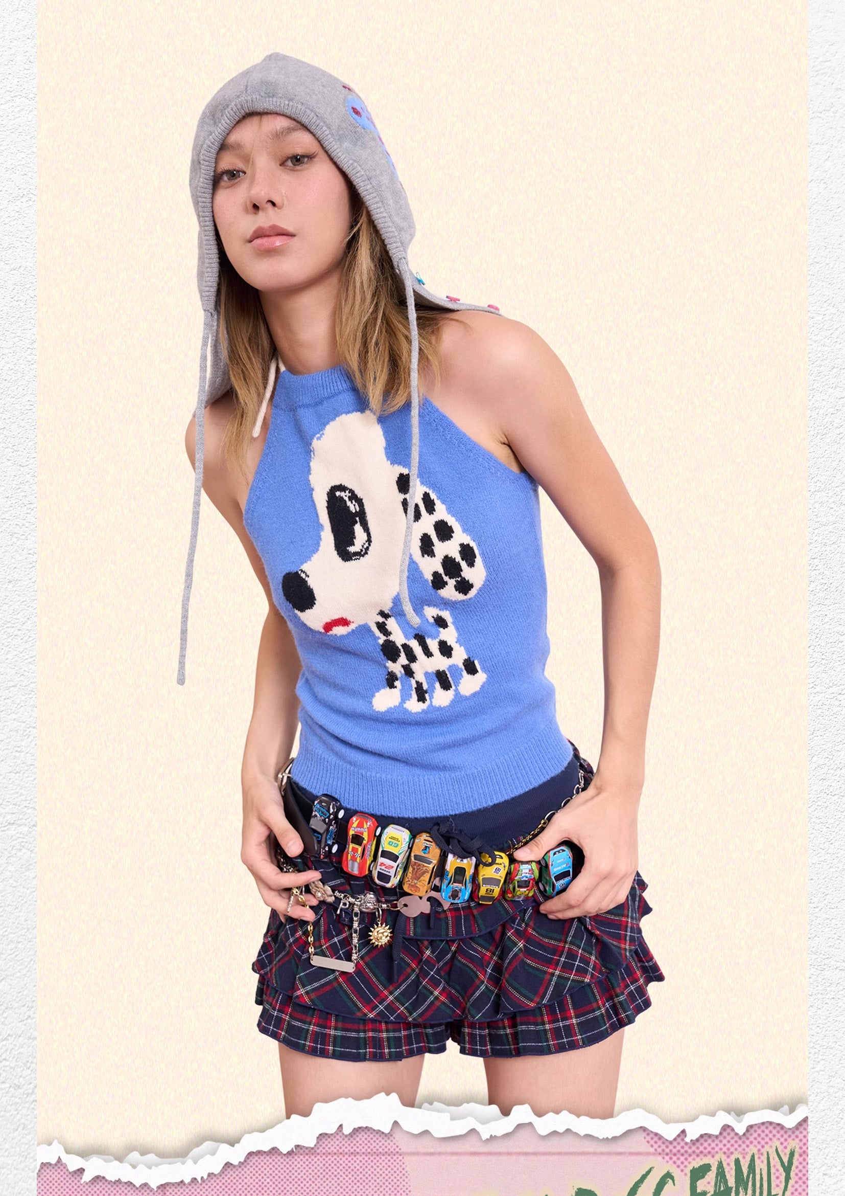 Spotted puppy knit halter top - cornflower blue