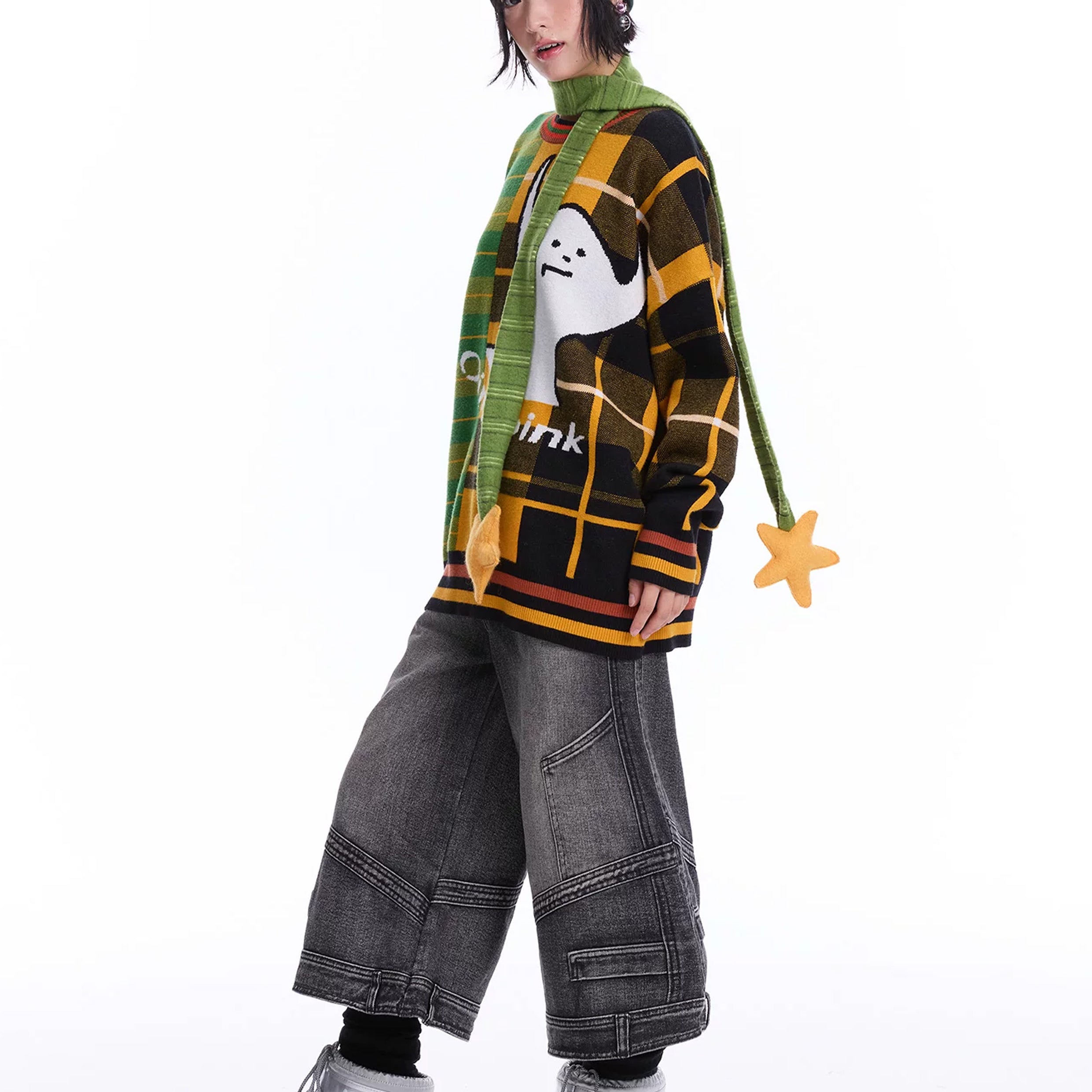 Ghost splice knit jumper - green & orange