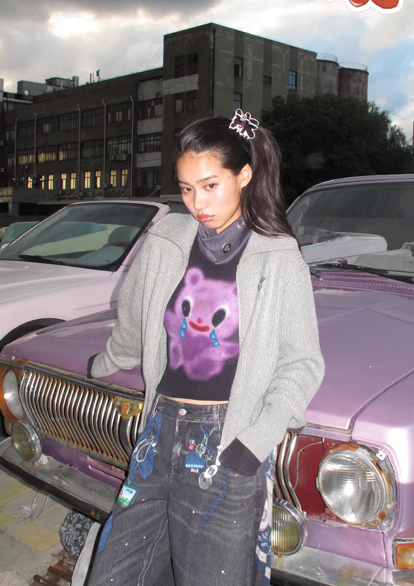 Purple bear crinkle stretch tee - black