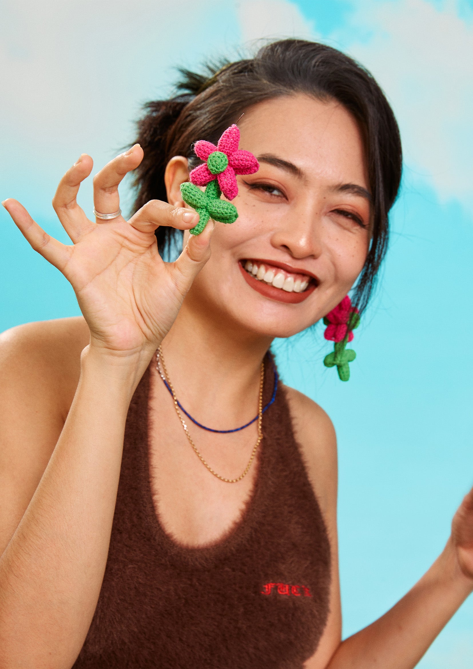 Flower balloon crochet earrings - pink & green