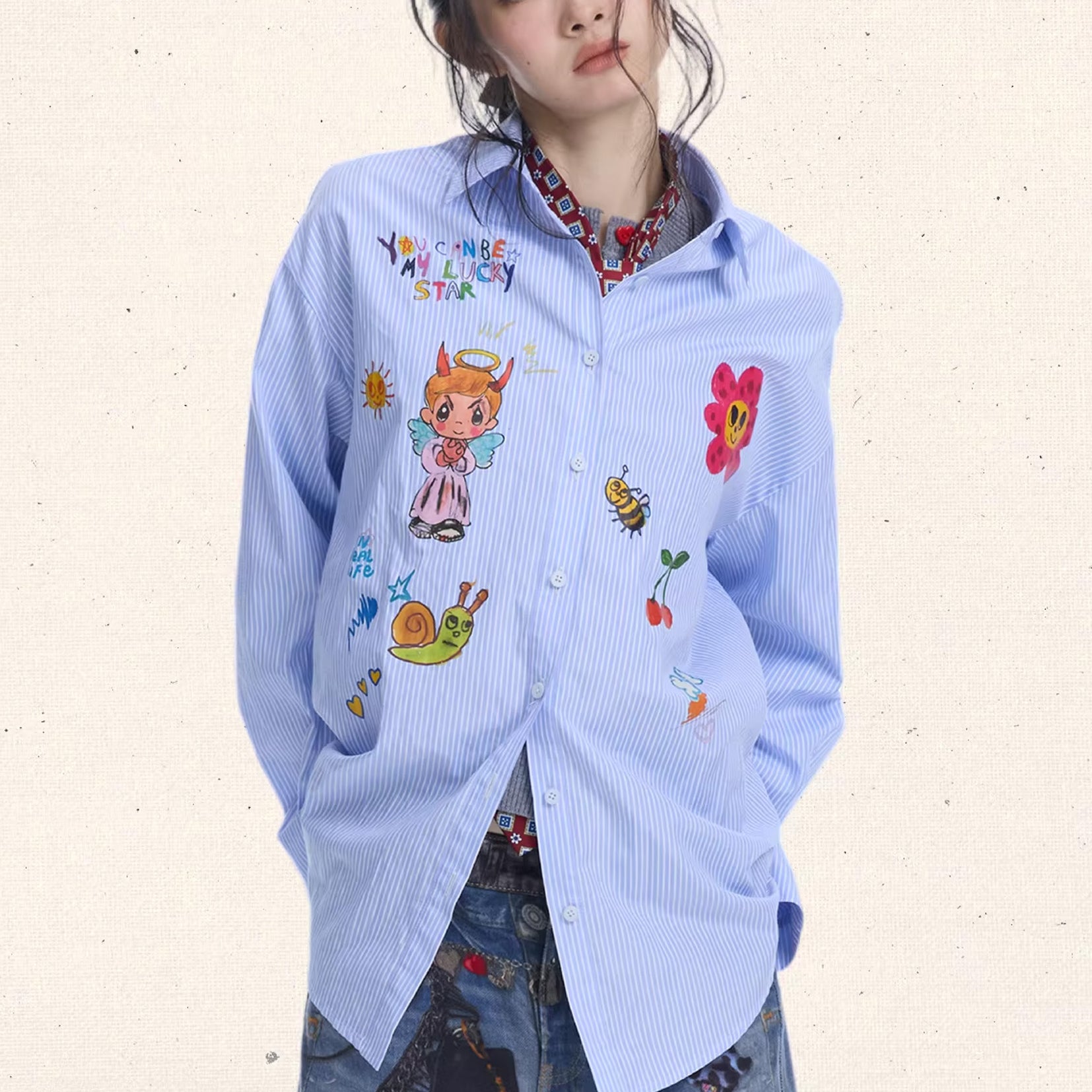 Illustration striped oversized shirt - light blue