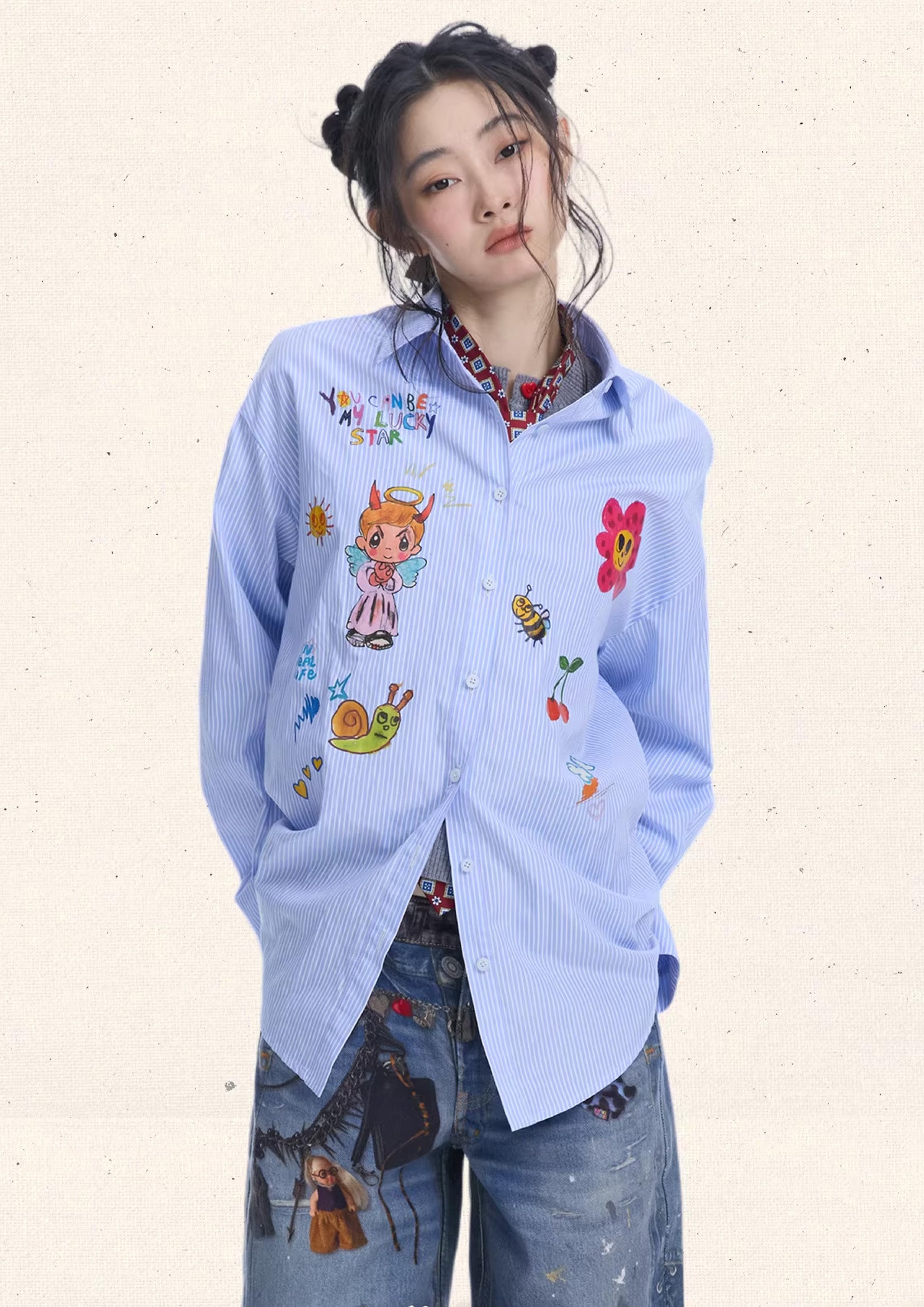 Illustration striped oversized shirt - light blue