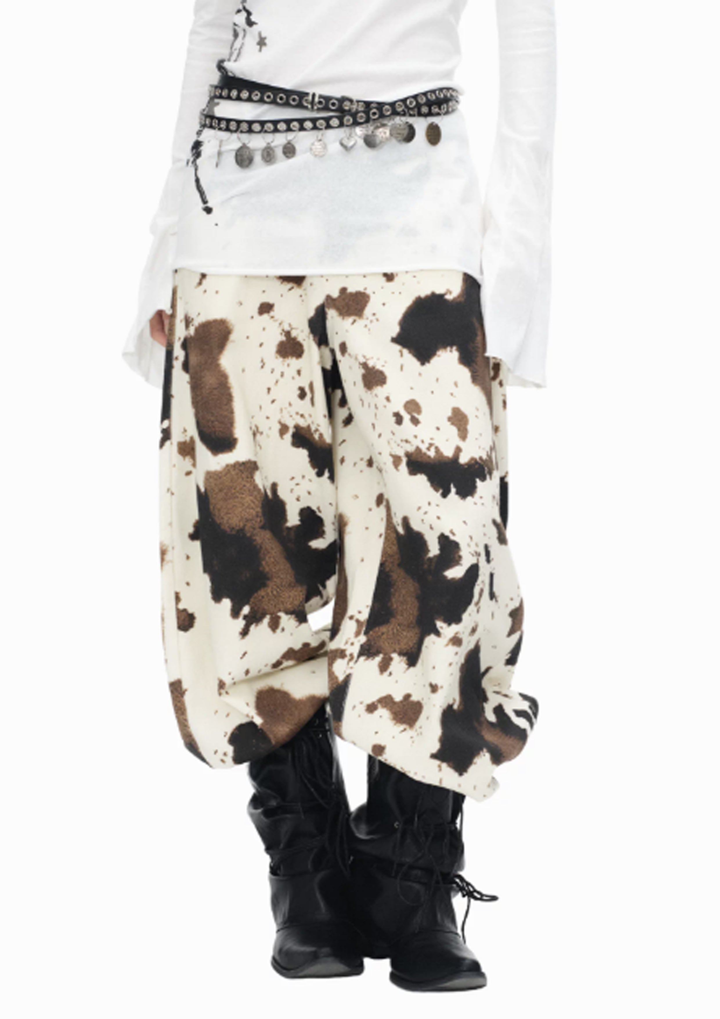Cow print baggy barrel pants - beige