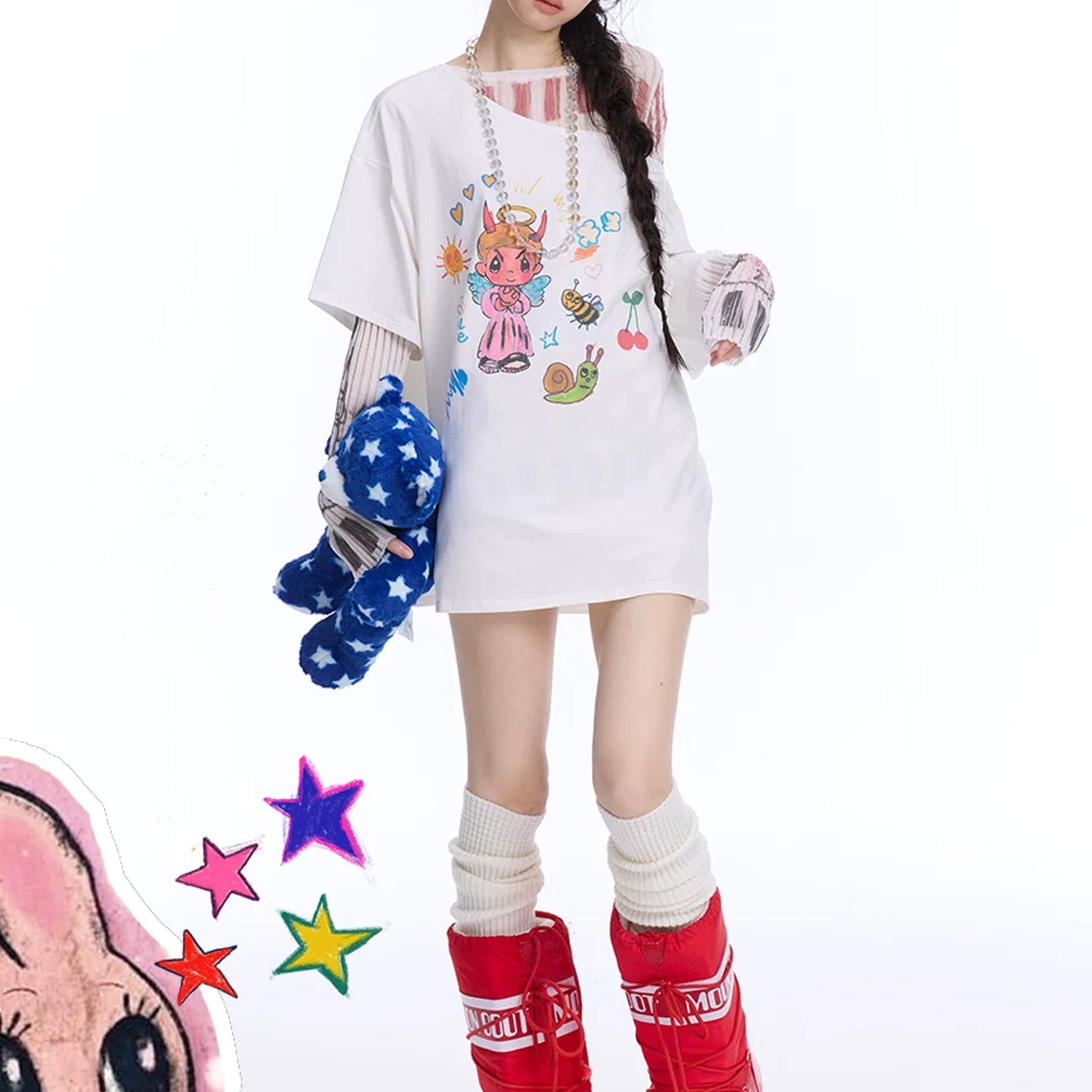 Illustration one-shoulder oversized tee - white