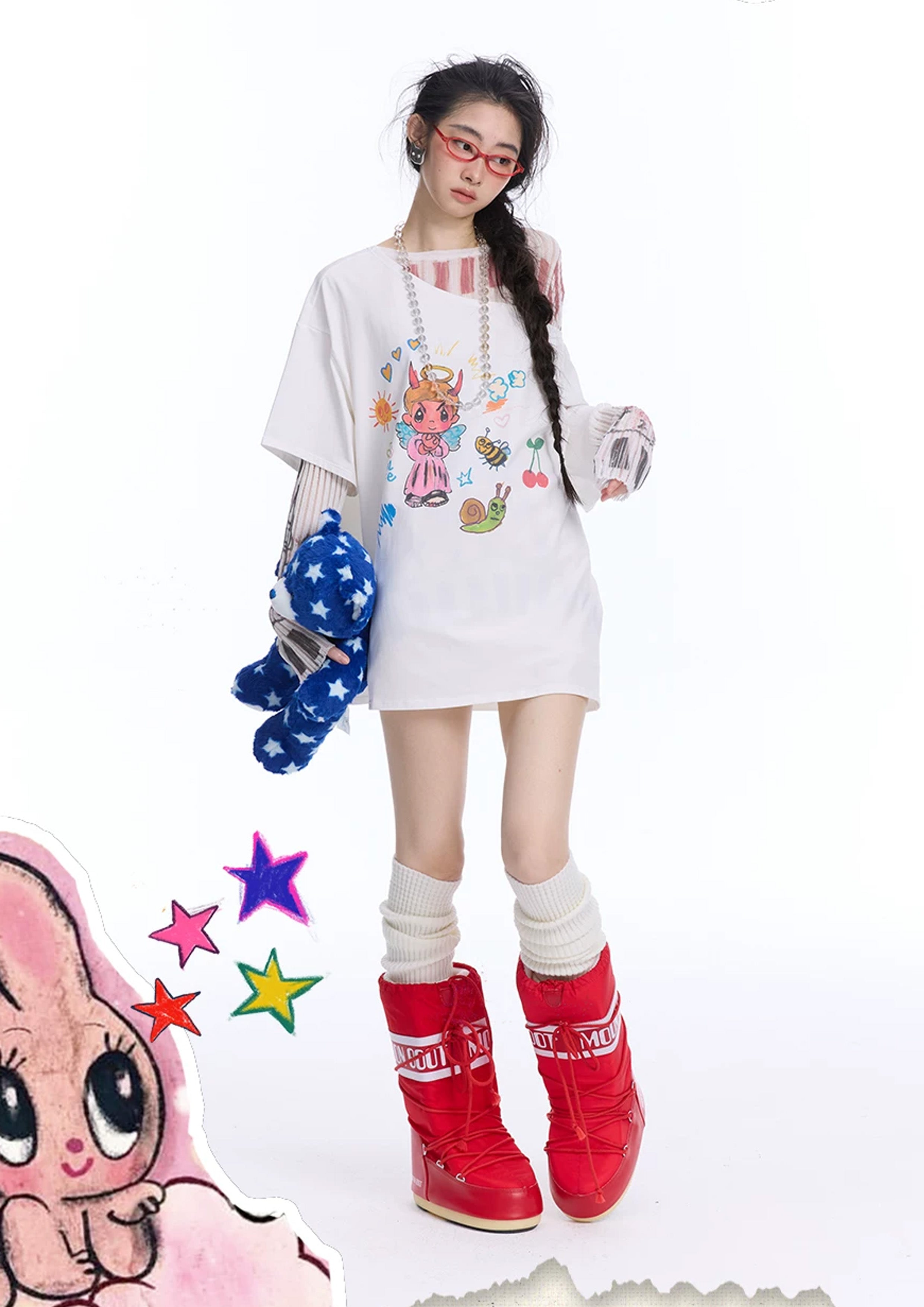 Illustration one-shoulder oversized tee - white