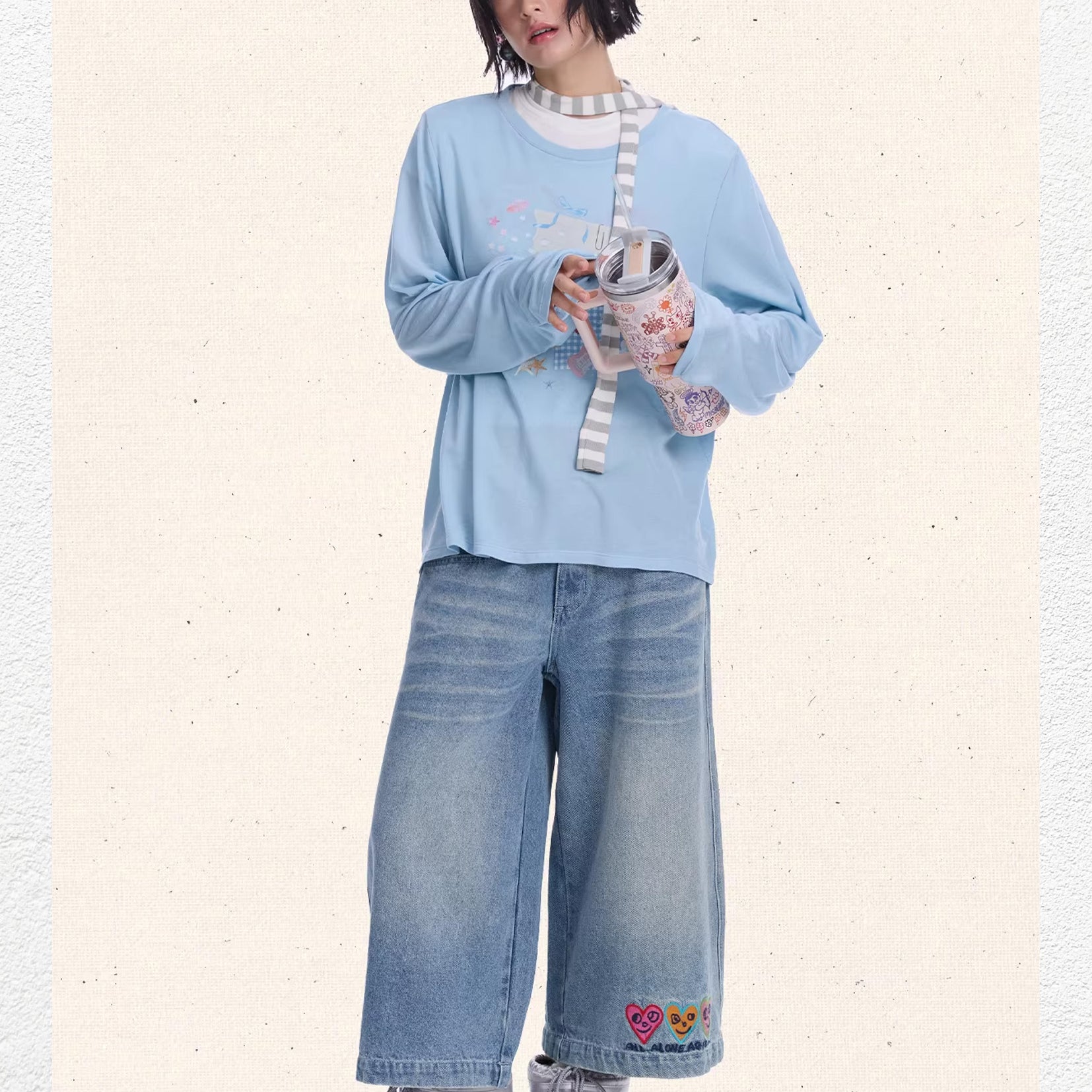 Three hearts wide leg denim shorts - washed blue