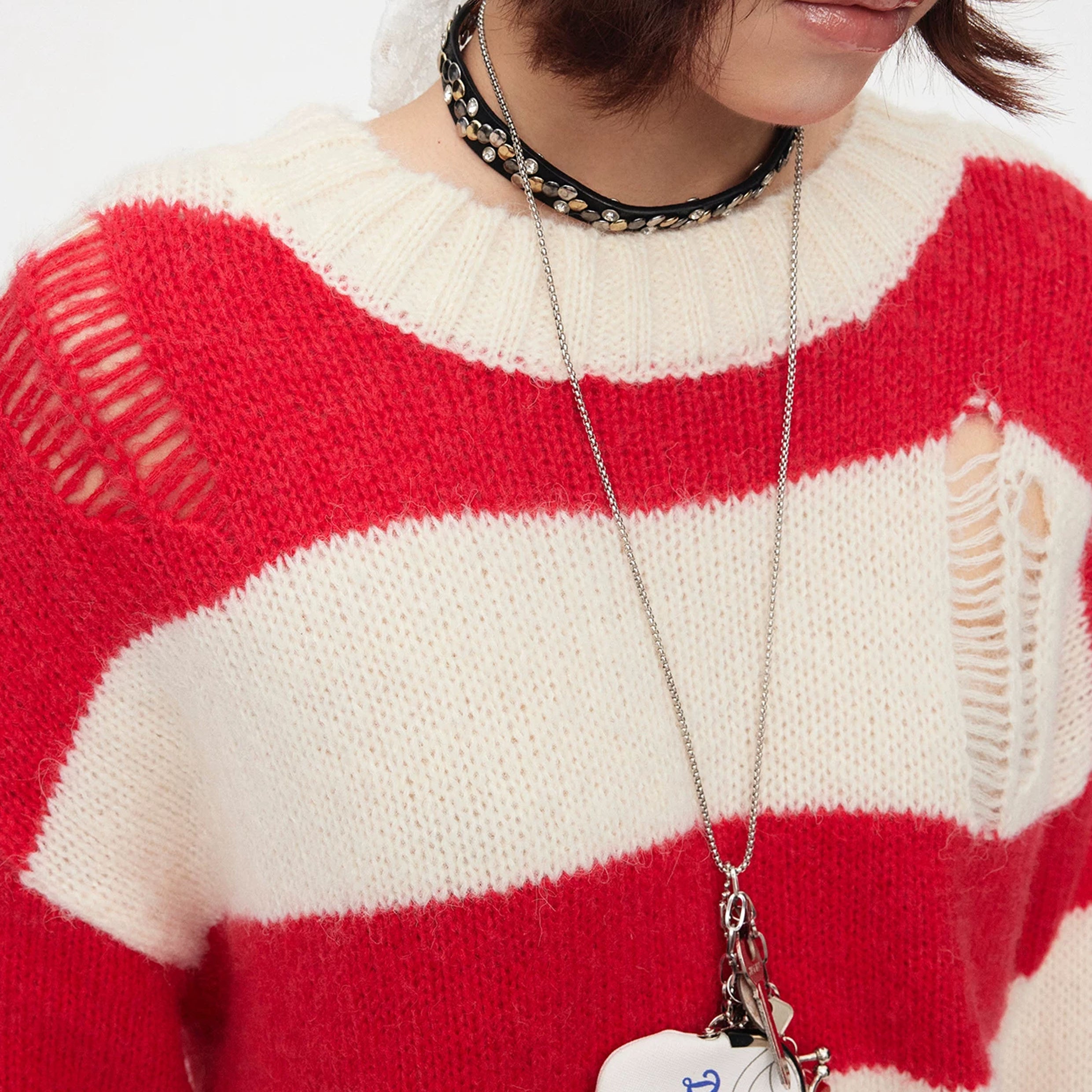 Striped distressed knit jumper - red & white