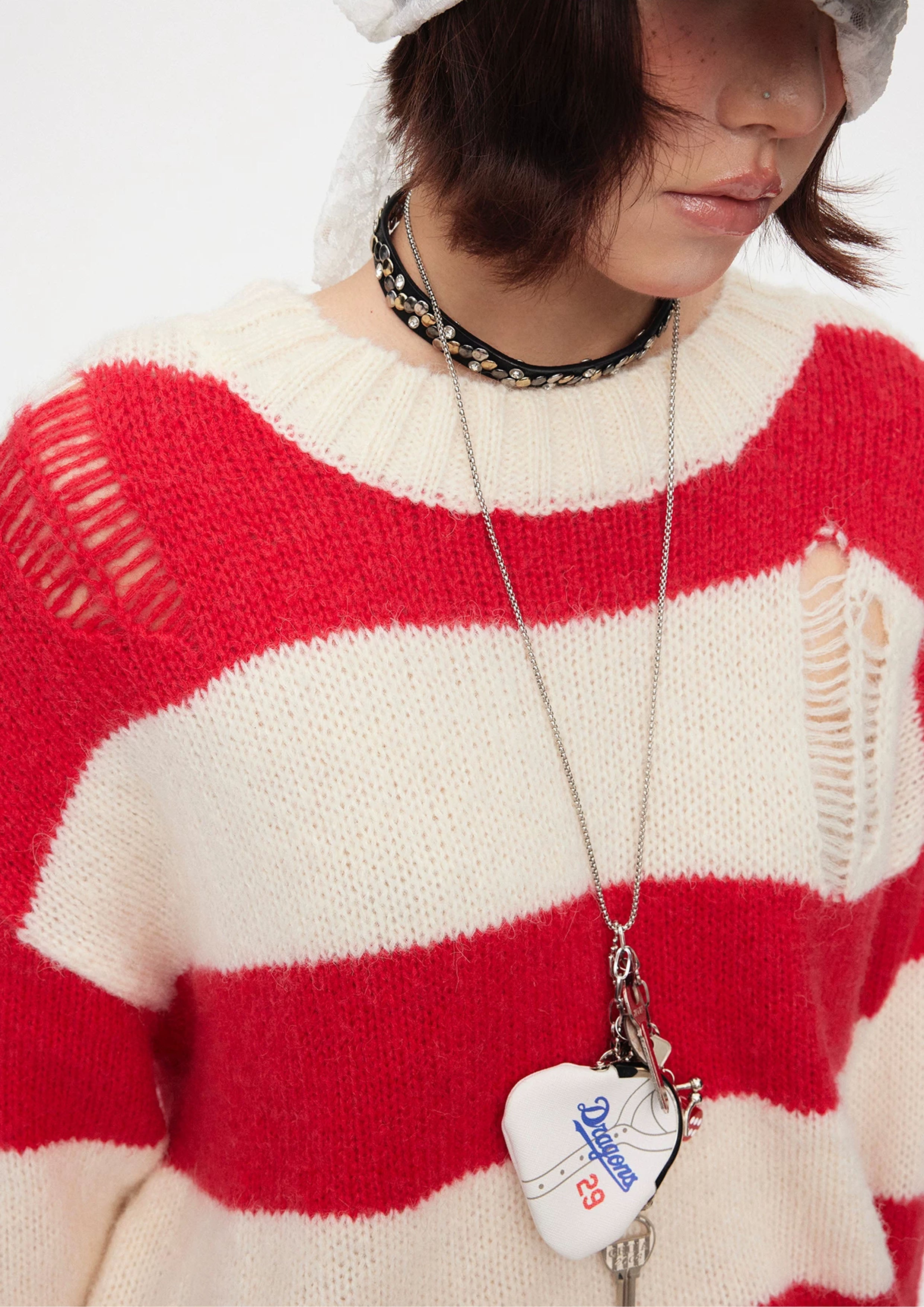Striped distressed knit jumper - red & white