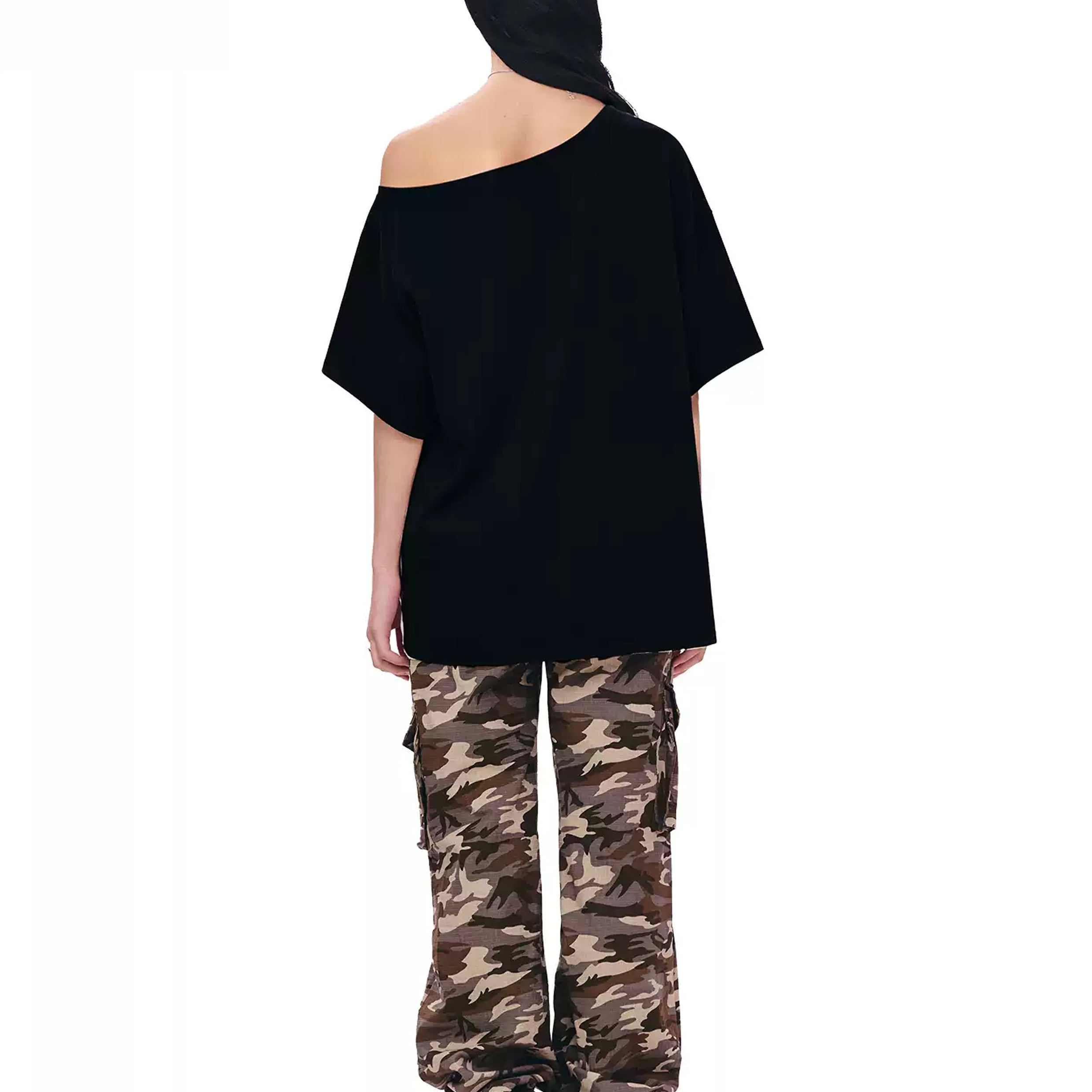 Typography one-shoulder oversized tee - black