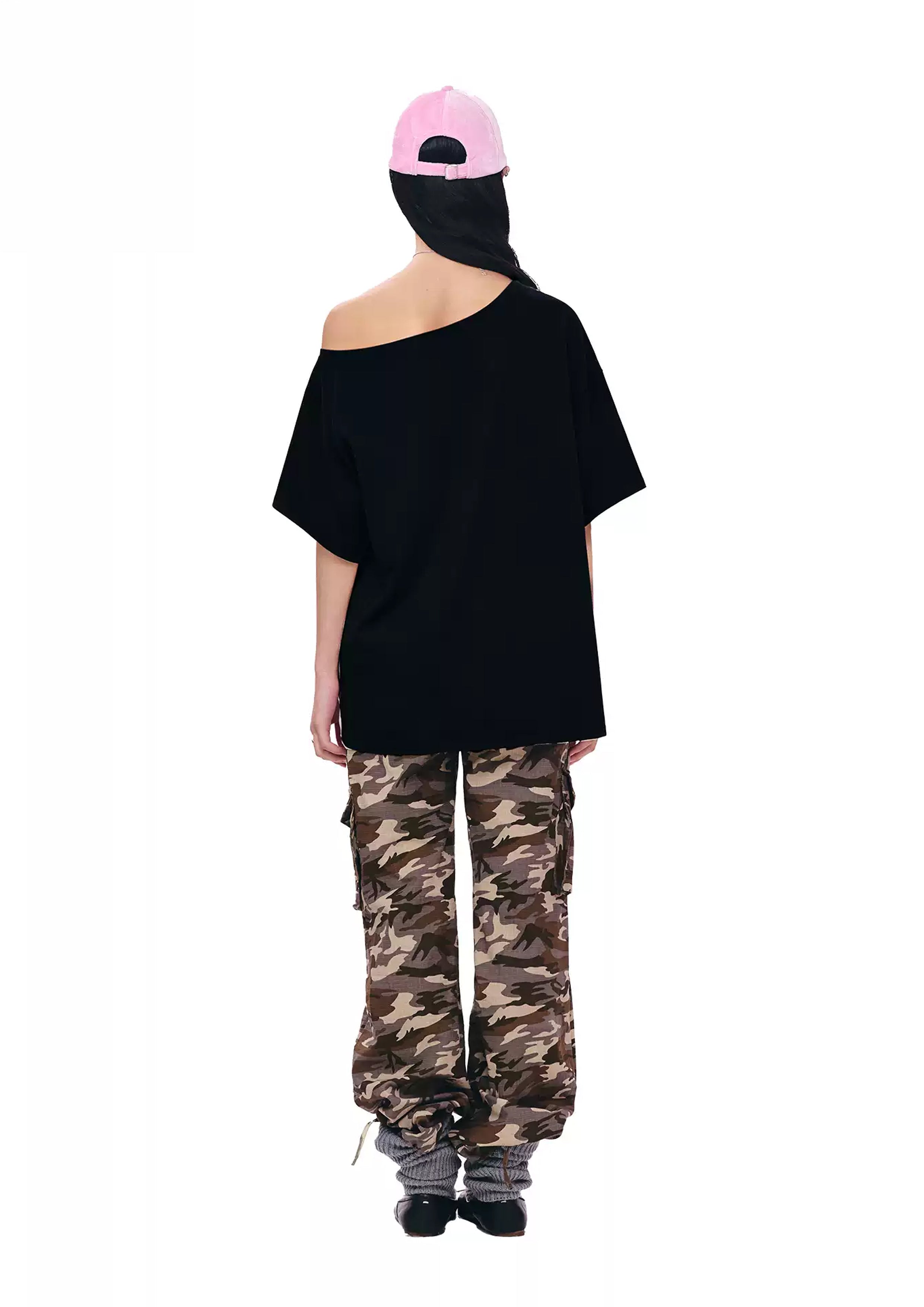 Typography one-shoulder oversized tee - black