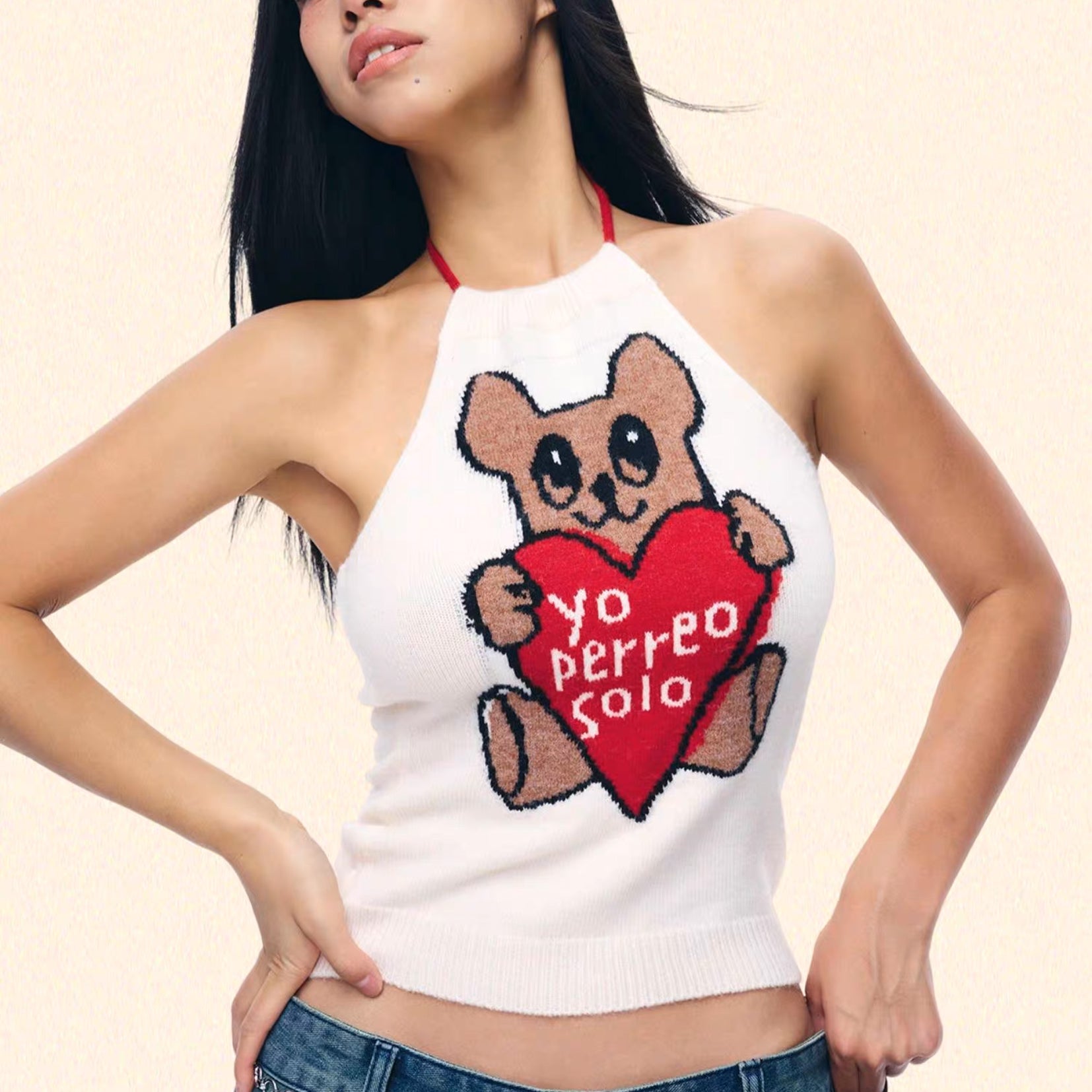 Love bear knit halter top - off-white