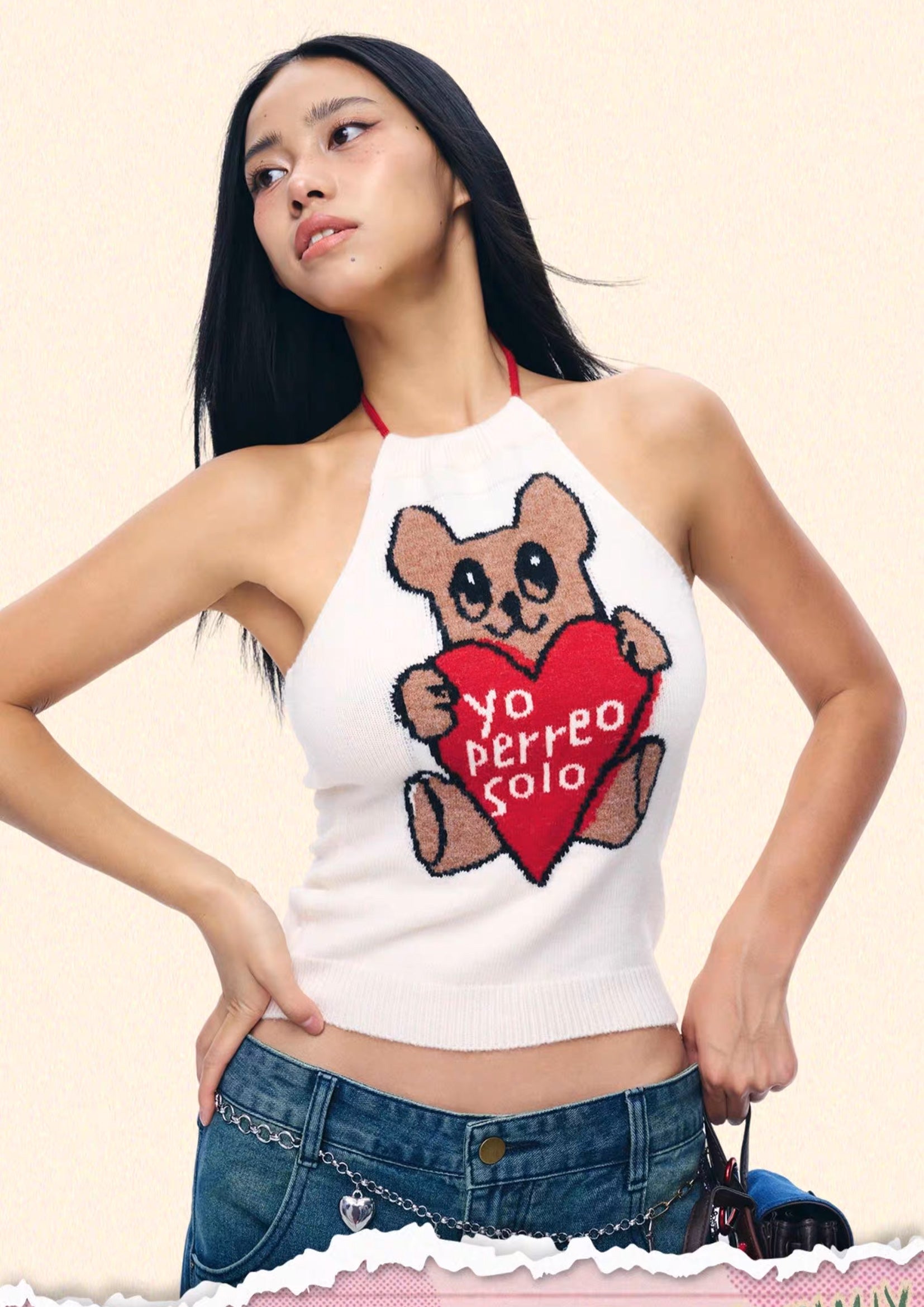 Love bear knit halter top - off-white