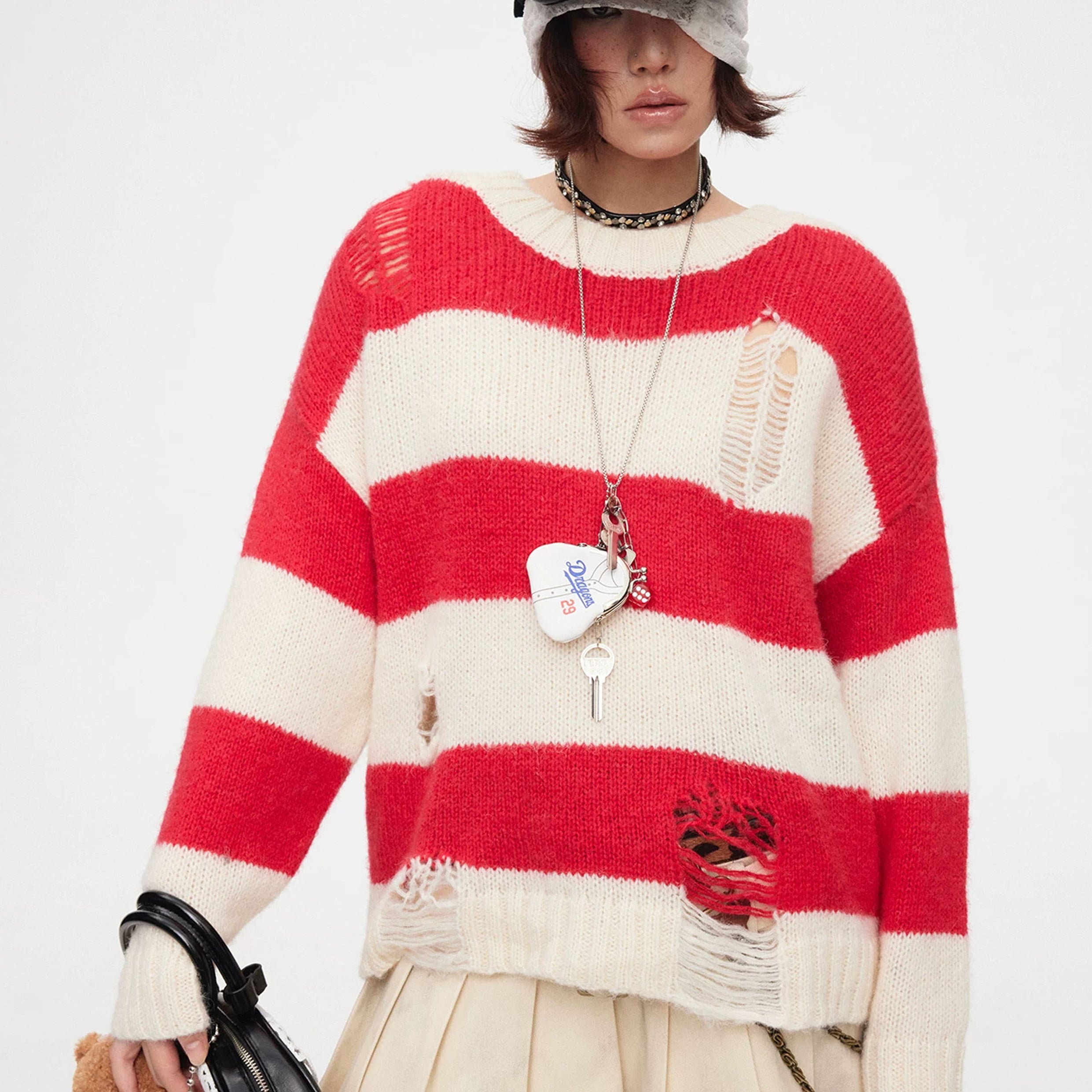 Striped distressed knit jumper - red & white