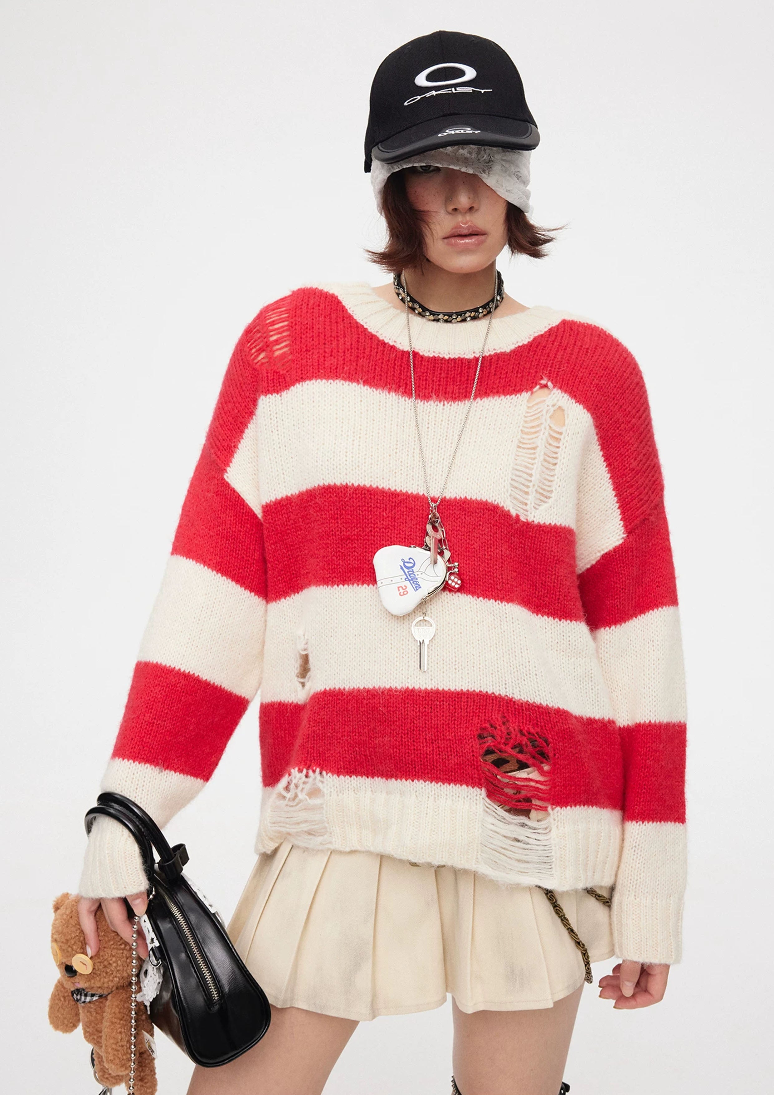 Striped distressed knit jumper - red & white
