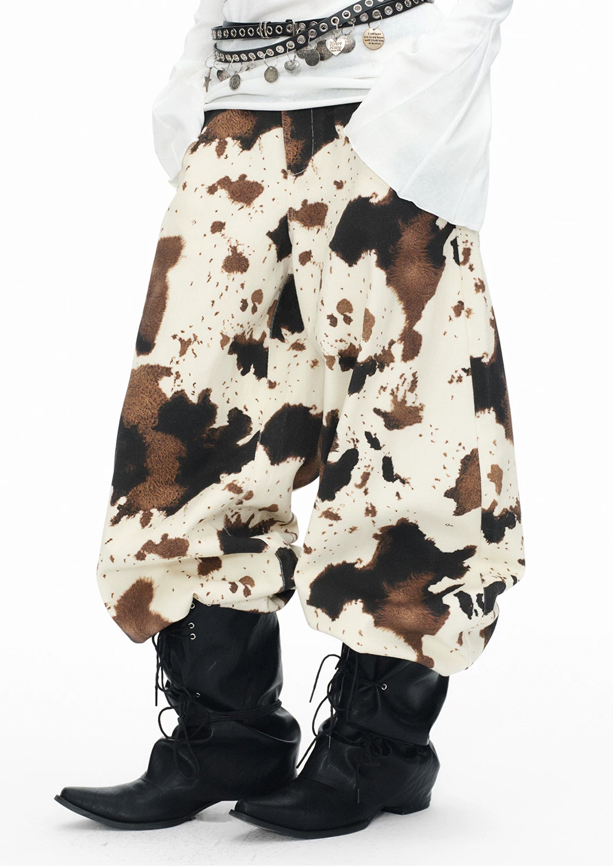 Cow print baggy barrel pants - beige