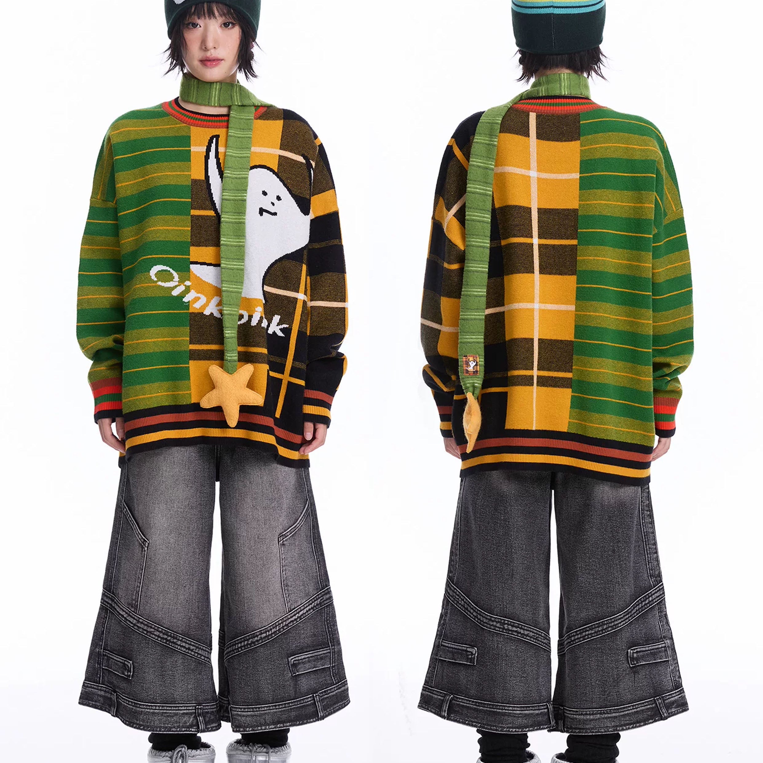 Ghost splice knit jumper - green & orange