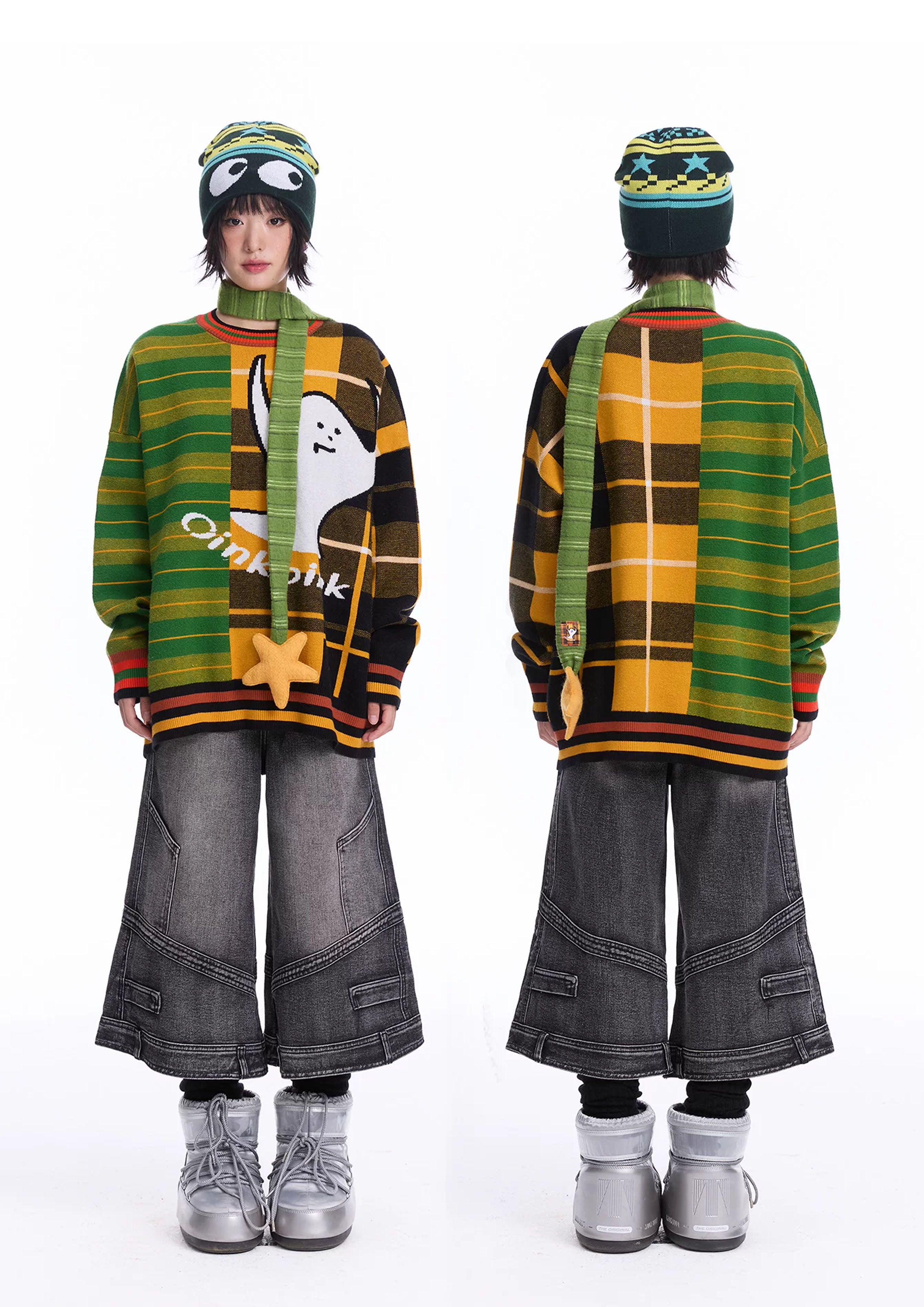 Ghost splice knit jumper - green & orange