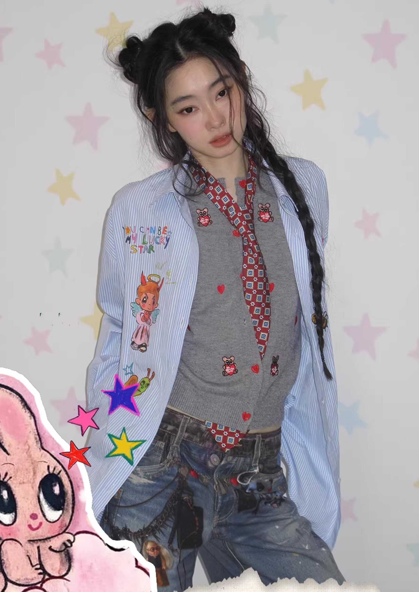 Illustration striped oversized shirt - light blue