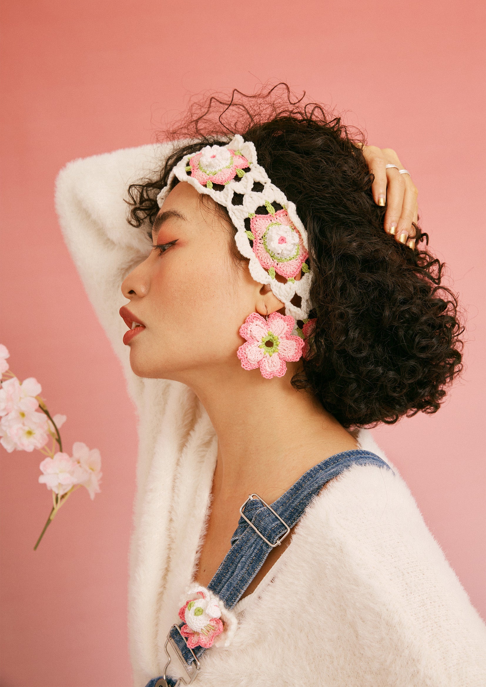 Cherry blossom crochet headband - pink