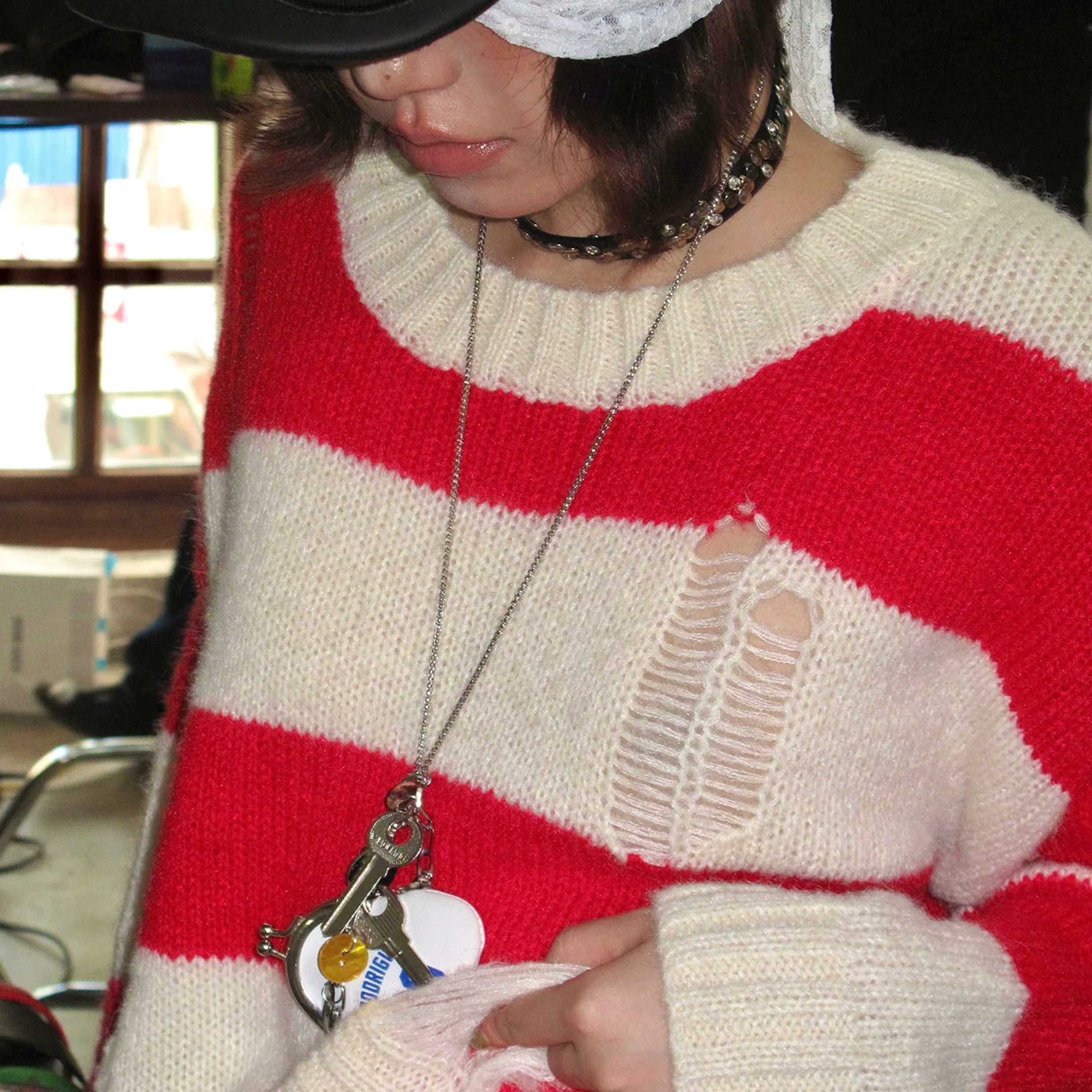 Striped distressed knit jumper - red & white