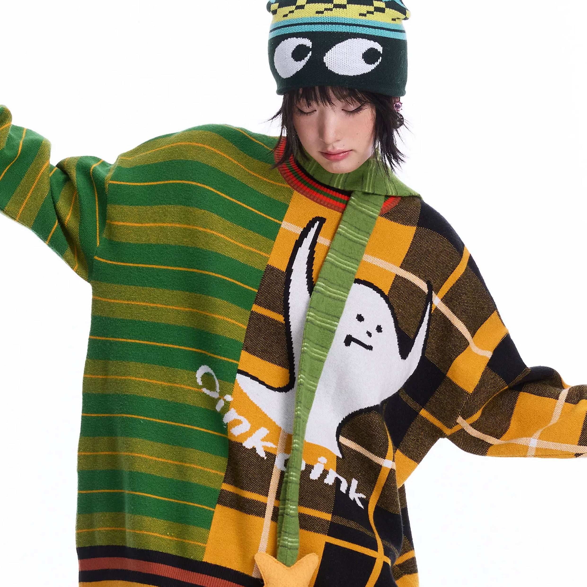 Ghost splice knit jumper - green & orange