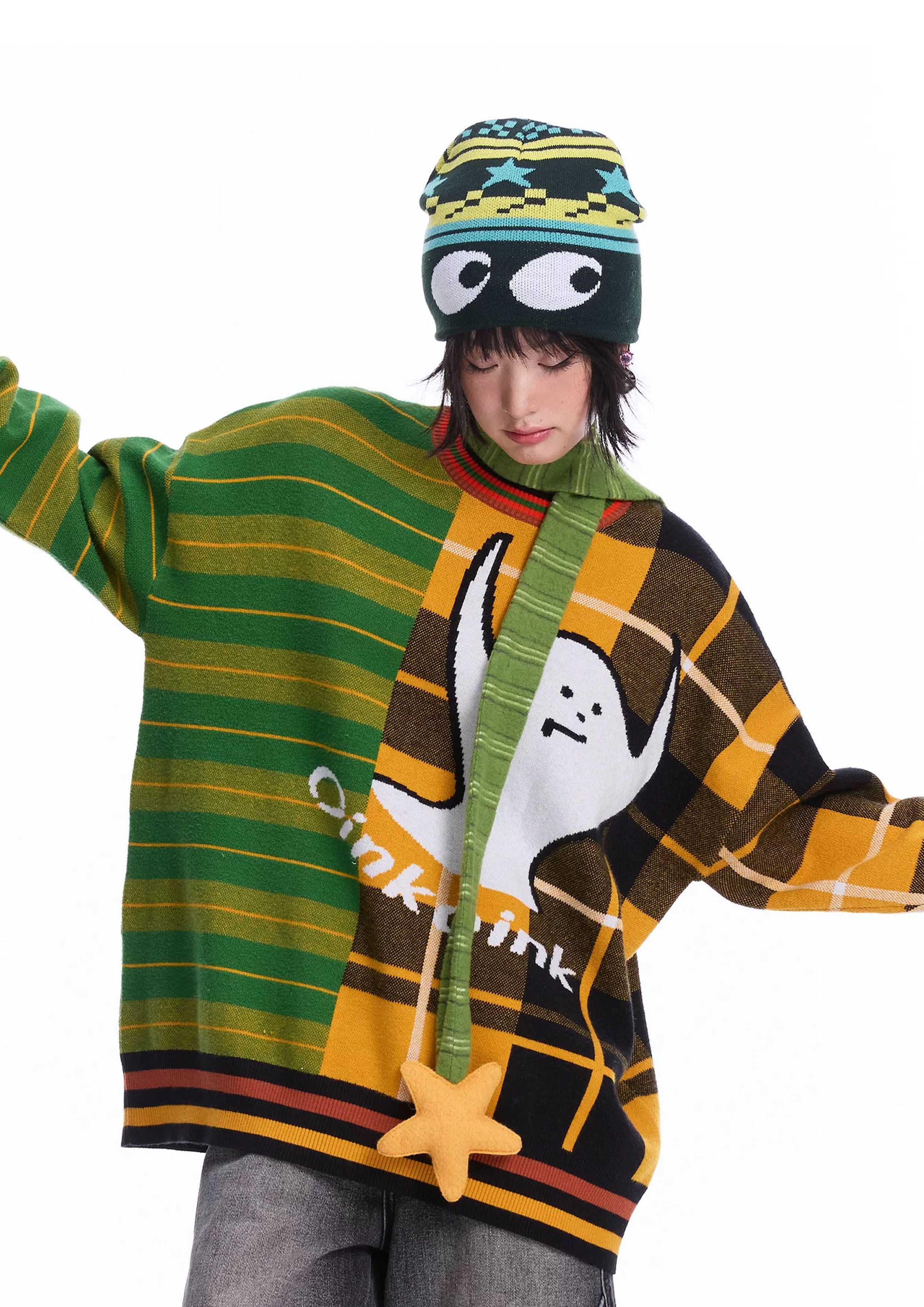 Ghost splice knit jumper - green & orange